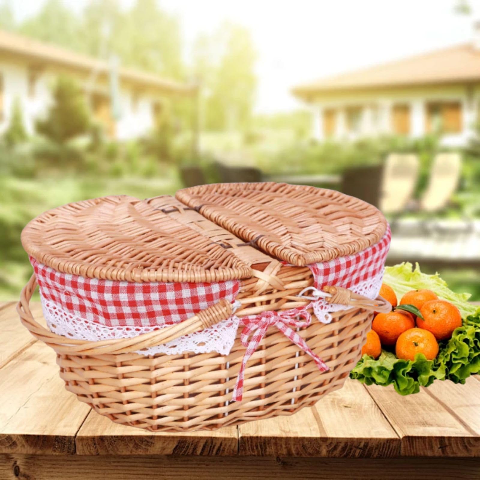 Cestino da picnic con fodera, cestino da picnic in vimini con coperchio, stile vintage, grande cestino intrecciato con doppi manici pieghevoli, per campeggio, San Valentino, ringraziamento (35 x 25 x