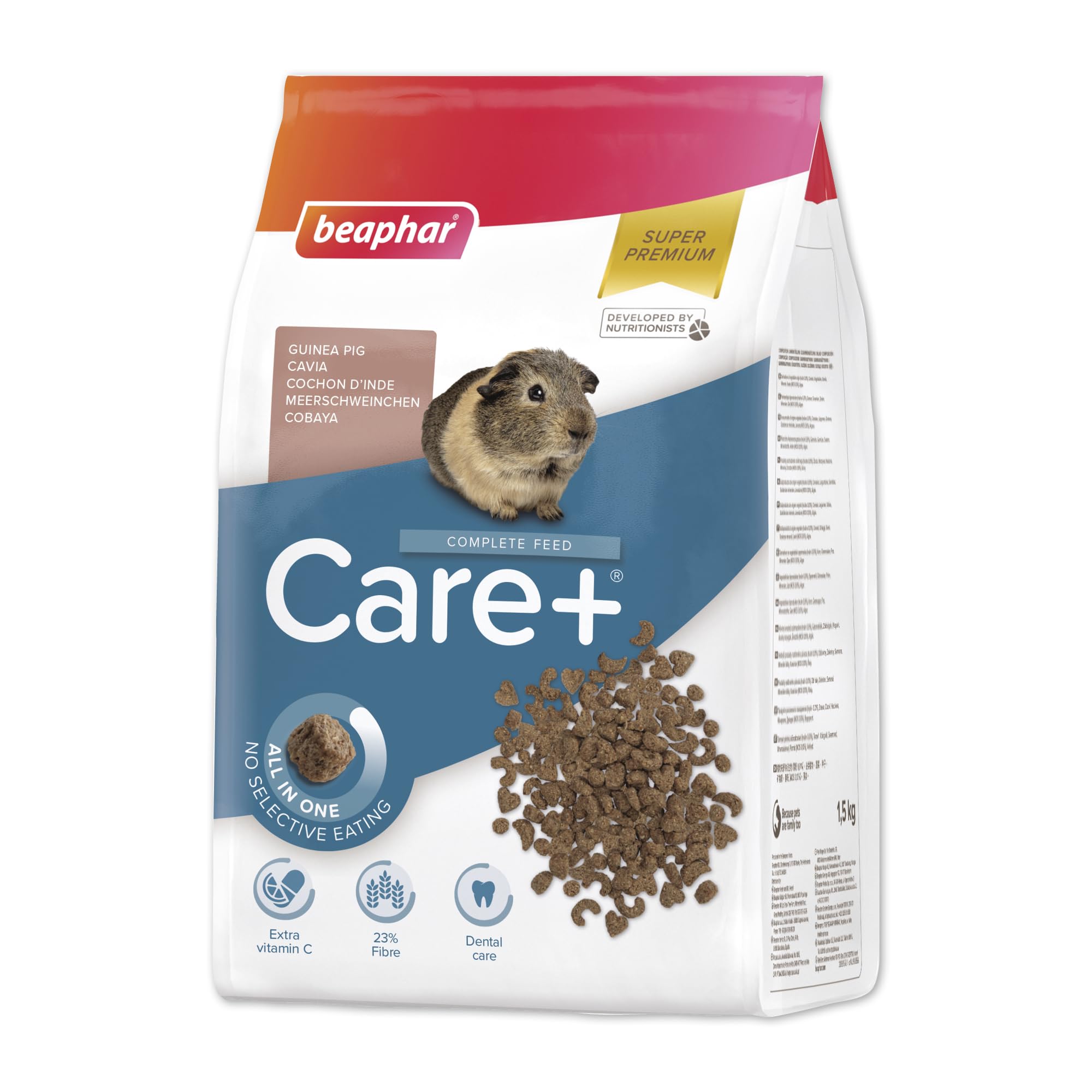 Care+® Guinea Pig Food 1.5kg - All-in-one super-premium guinea pig food -Prevents selective feeding - With added Vitamin C High fibre & prebiotics to support digestion – For all guinea pigs