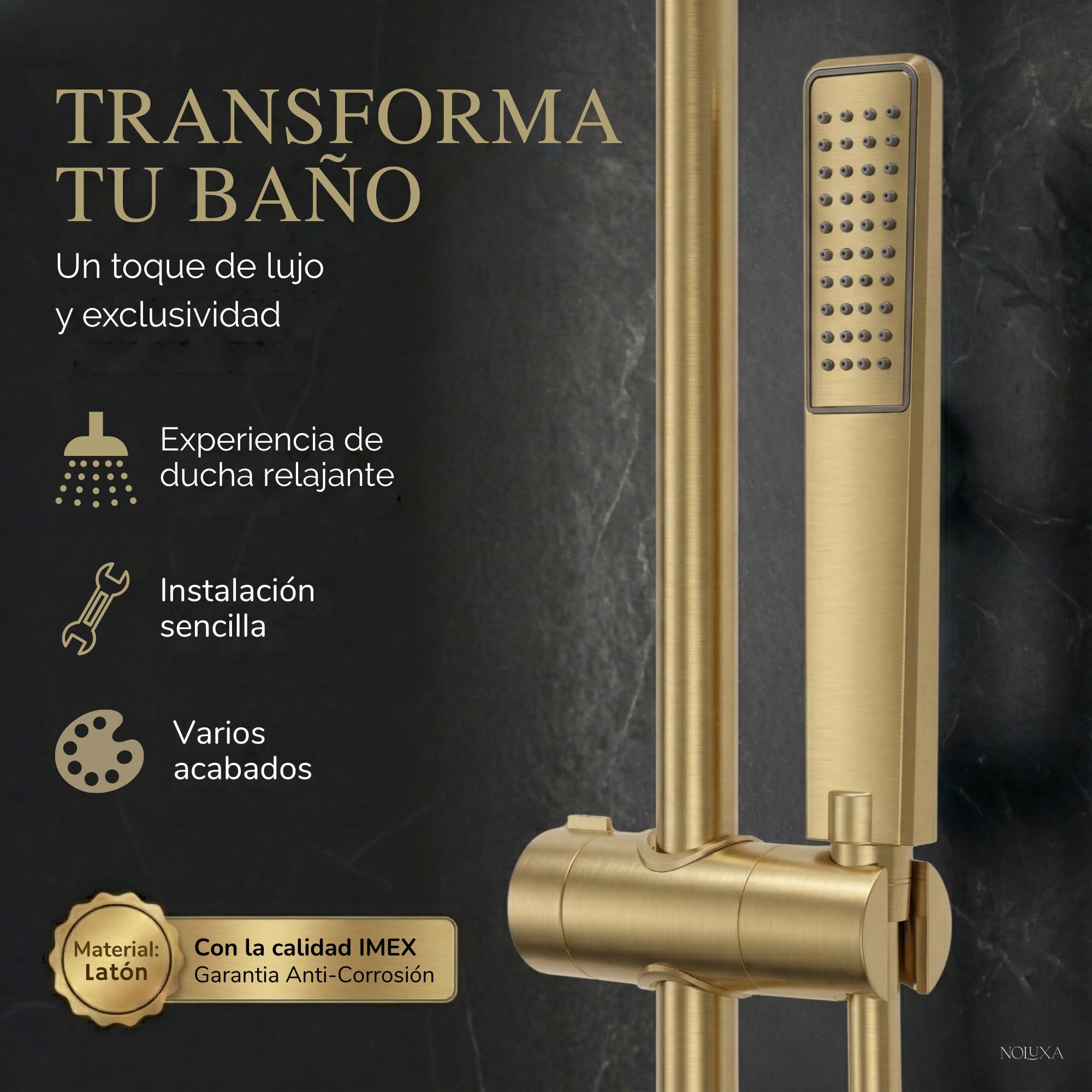 IMEX - Columna Ducha con Grifo para Bañera Oro Cepillado | Conjunto de Bañera con Alcachofa y Rociador Antical Dorado | Griferia en Latón y Acero Inox S.304 con Barra Extensible | Serie Toscana