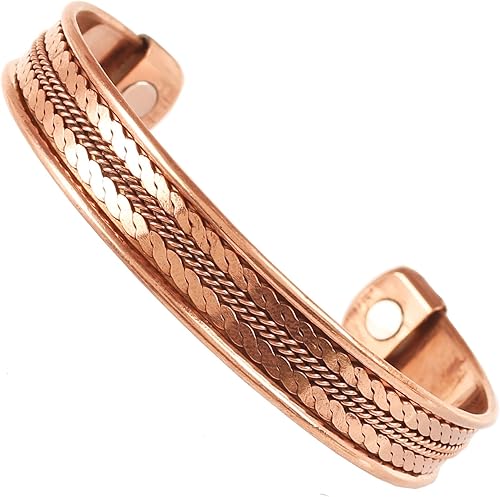 Touchstone Pulsera magnética de cobre estilo tibetano forjado a mano con cobre puro sólido y de alto calibre. Delicada incrustación de latón.