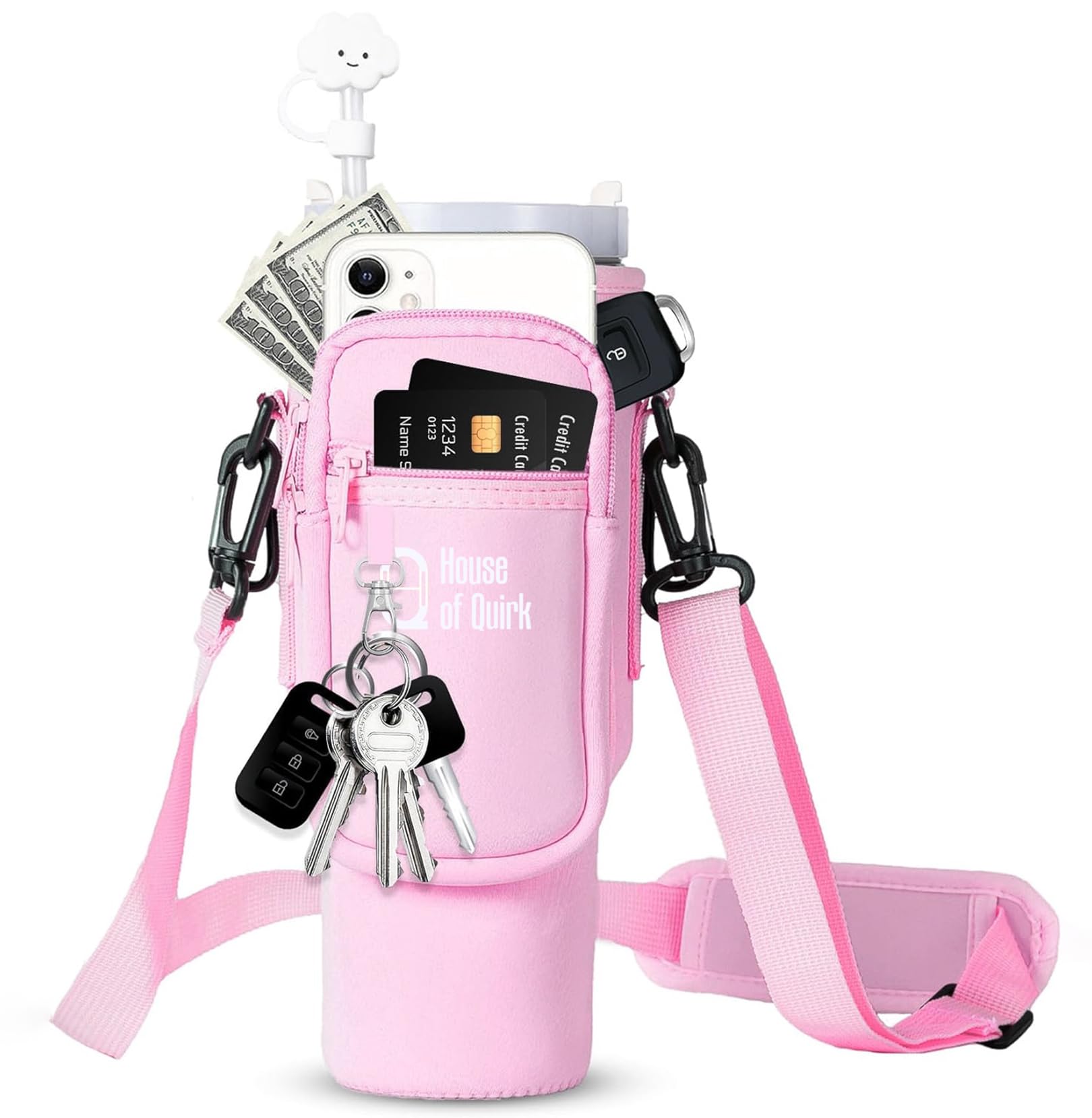 House of Quirk Water Bottle Carrier Bag with Phone Pocket for Stanley 40/30 oz Tumbler Neoprene Water Bottle Holder Pouch with Adjustable Strap (Pink)