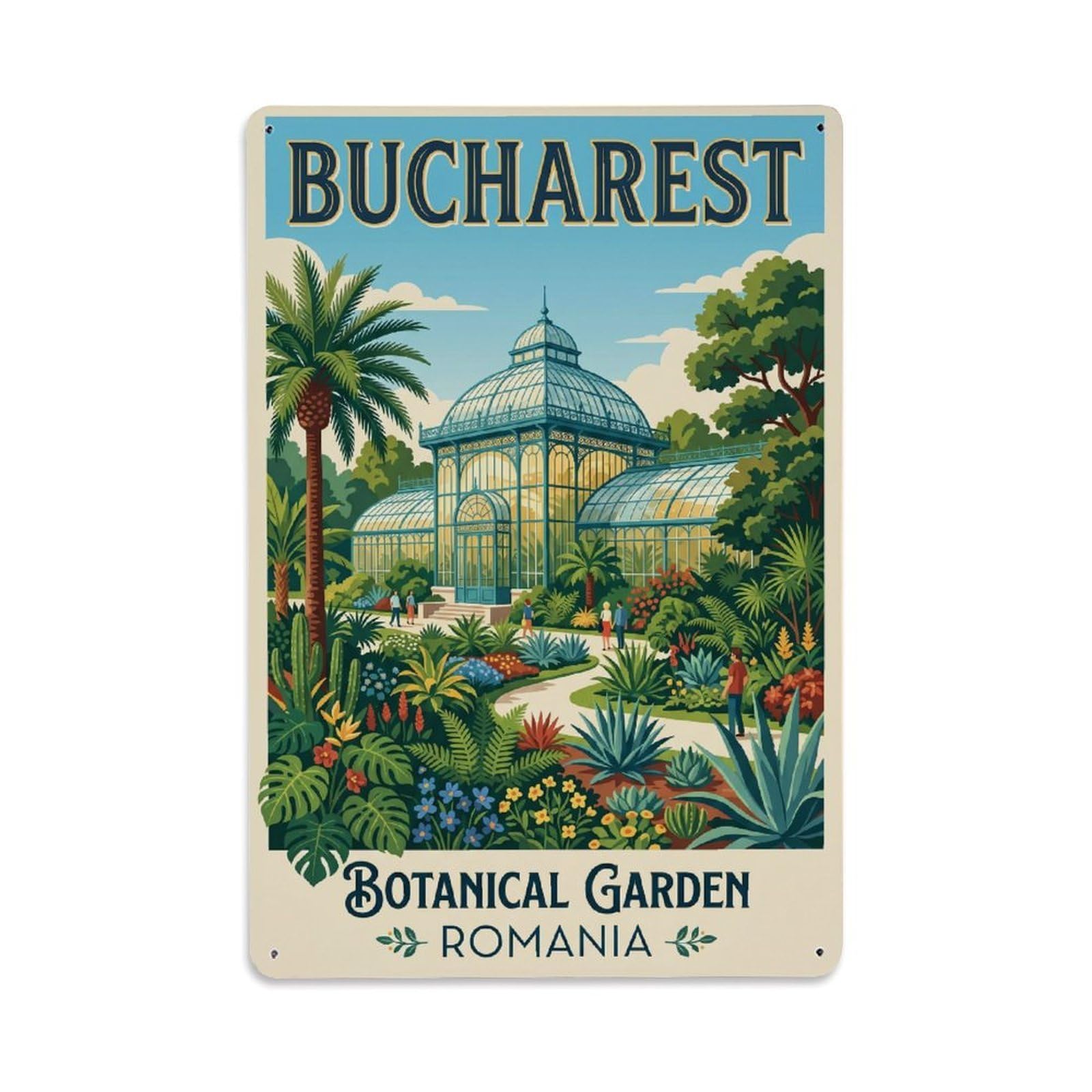 Vintage Travel Bucharest Botanical Garden Clean Romania Metal Tin Sign Plaque Wall Decor for Cafe, Club Bar, Office, Home Garden Metal Poster 8x12Inch