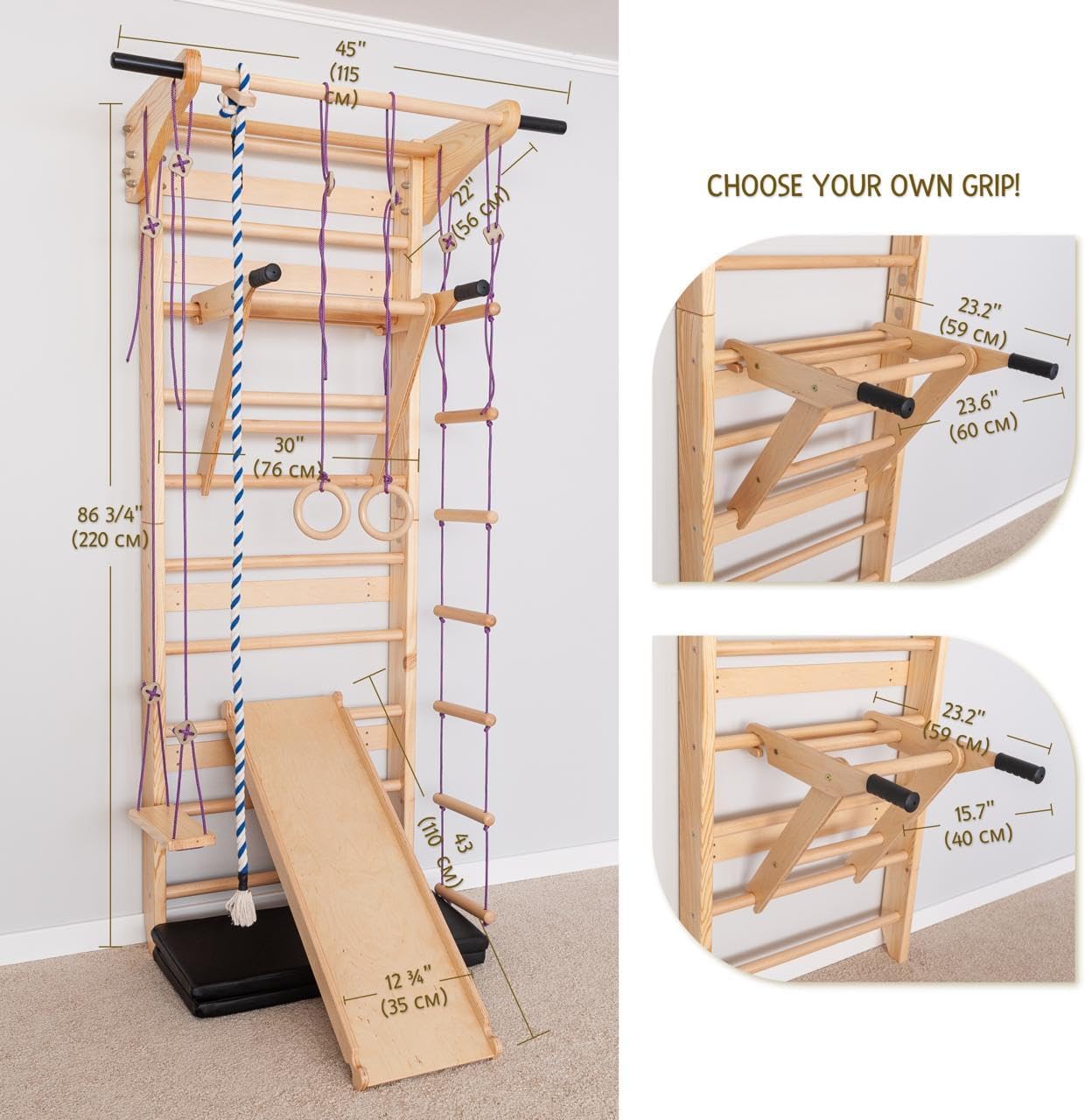 Swedish Ladder Wall Bars with Pull-Up Bar for Kids & Adults - Wooden Stall Bars Home Gym with Gymnastic Rings, Slide, Swing, Climbing Rope & Rope Ladder, Gym Mat