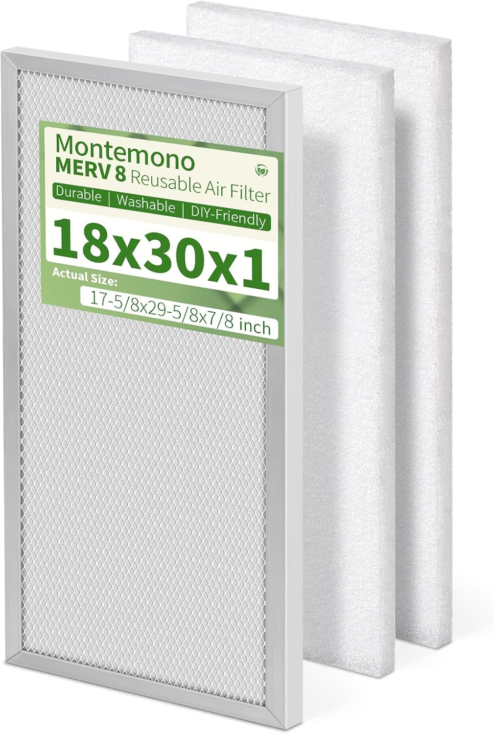 18x30x1 Reusable Air Filter MERV 8 Washable Furnace & AC Filter with 2 Extra Media Pads, Aluminum Electrostatic Air Filters for Home, Fits HVAC System, Air Conditioner, Air Handler 30" x 18" x 1"
