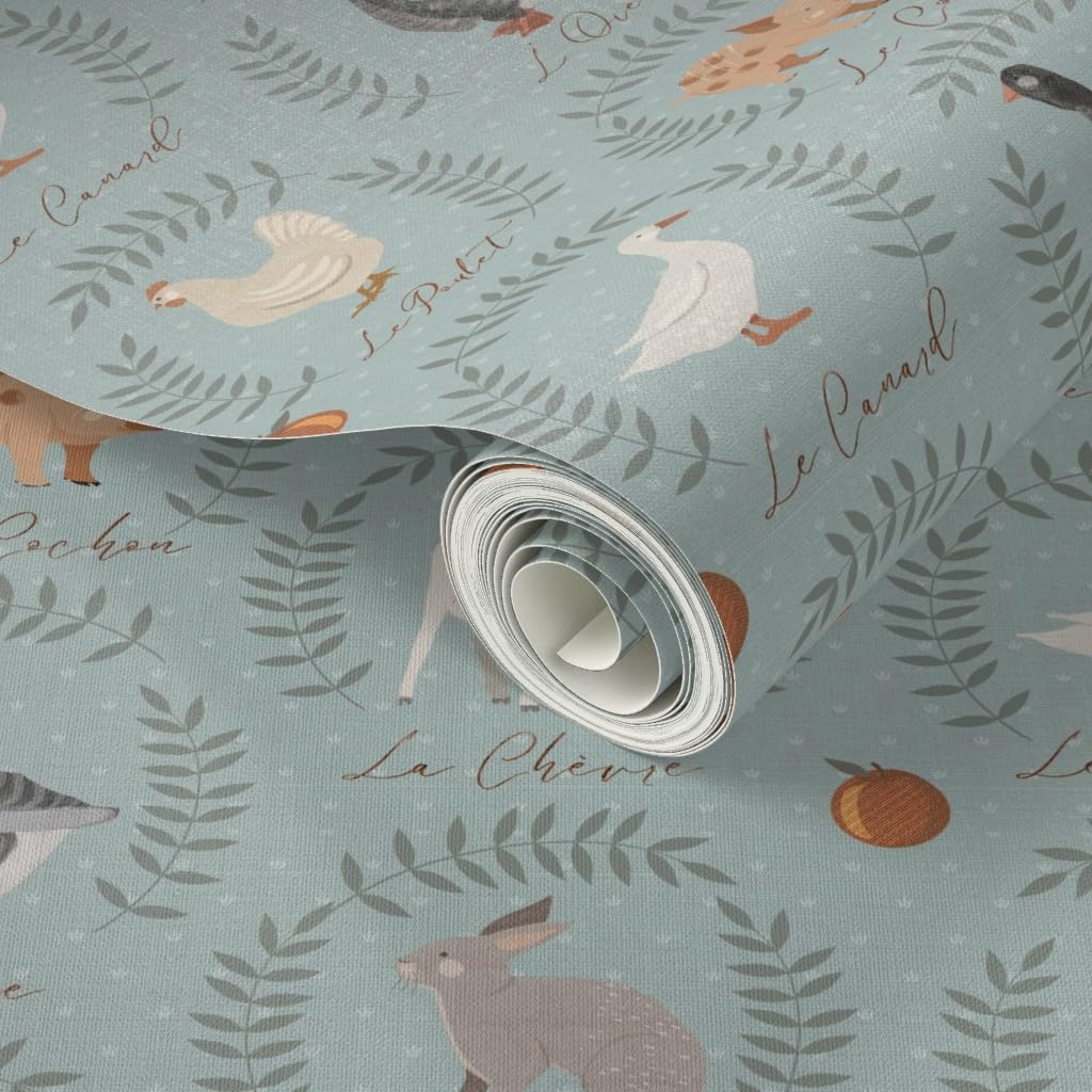 Peel & Stick Wallpaper 6ft x 2ft - Blue Animal Friends Pig Traditional Rabbits Ducks Chickens Farm Animals Goats Farmhouse French Custom Removable Wallpaper by Spoonflower