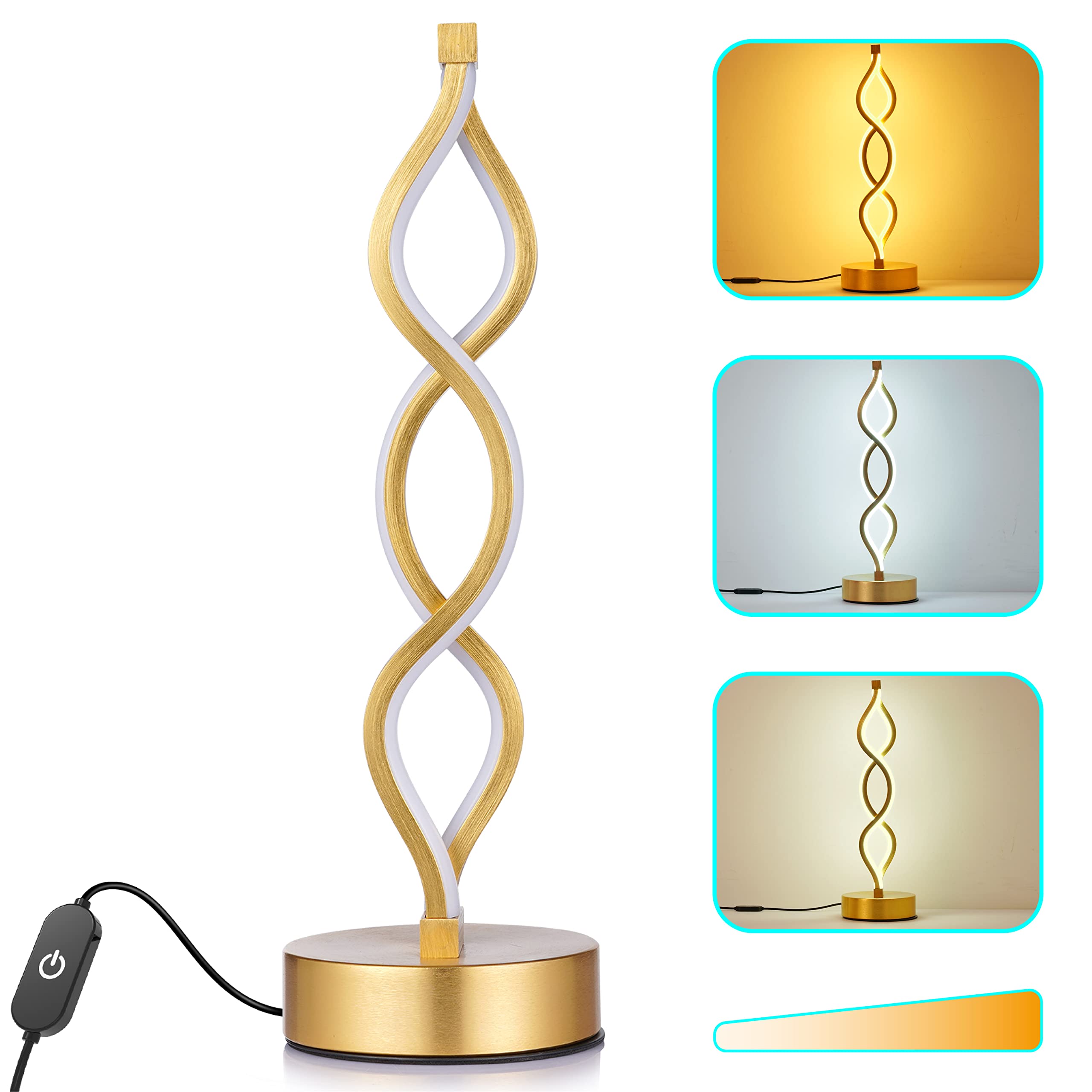 Spiral Gold LED Table Lamp for Bedroom, Dimmable Bedside Table Lamp with 3 Color Temperatures, 12W Twisted Bedside Night Light, Modern Creative Desk Lamp for Reading, Living Room