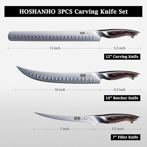 Miniatura 4 de HOSHANHO Juego de cuchillos de trinchar 3 piezas, juego de cuchillos japoneses de acero de alto carbono con mango ergonómico de madera de Pakkawood,