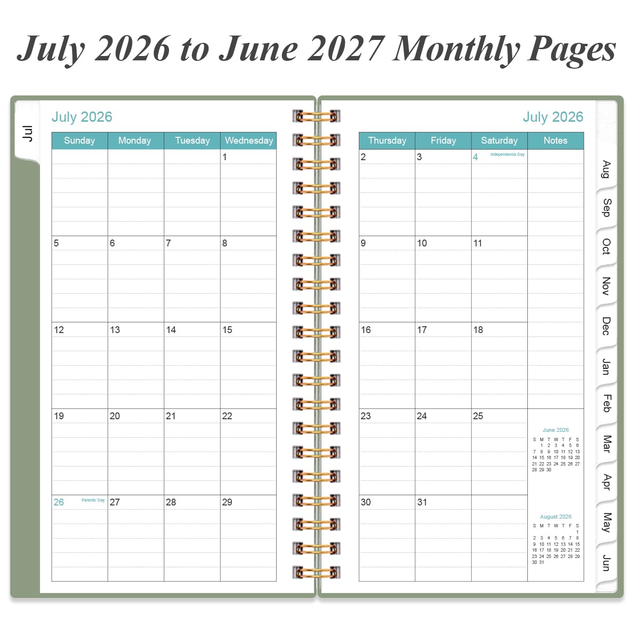 Taschenkalender 2025 - Planer 2025 von Januar 2025 - Dezember 2025, Planer 2025 mit 12 Reitern, Doppeldrahtbindung, Innentasche, 9,5 x 17,1 cm, Grün