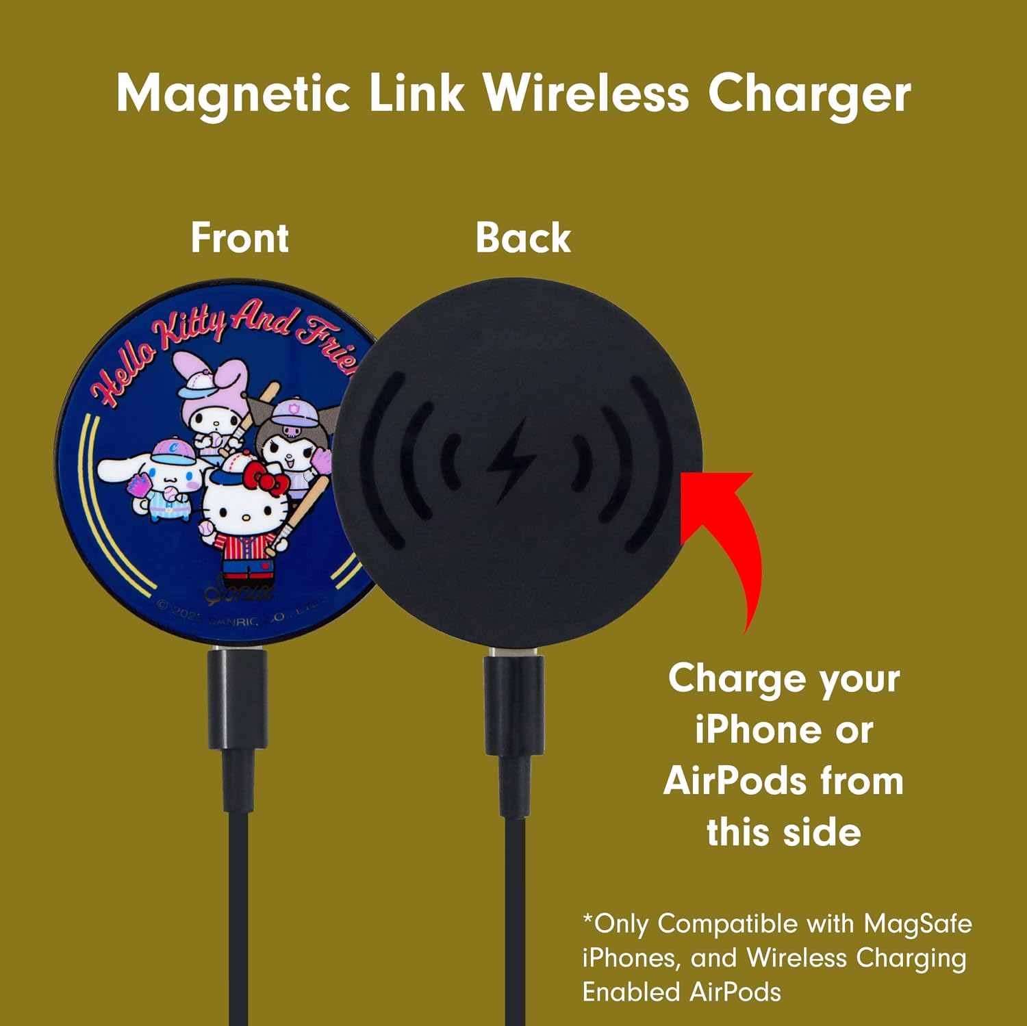 Sonix Magnetic Charger for MagSafe for iPhone 16, iPhone 15, iPhone 14, iPhone 13, iPhone 12 Series | Fast Wireless Charger x 6.5ft Cable (USB-C) (Hello Kitty & Friends Sports)