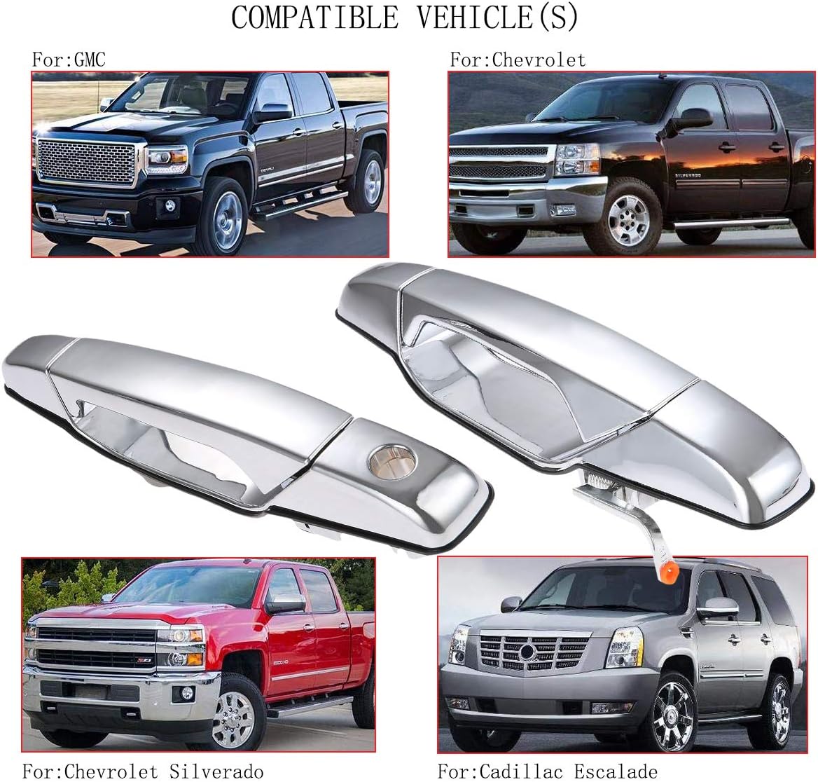 LEIMO KPARTS Exterior Chrome Door Handle Front Driver Passenger Side， Replacement for 2007-2013 Chevy Silverado Suburban Tahoe Avalanche, GMC Sierra Yukon, Cadillac Escalade | Replaces# 80546，80545