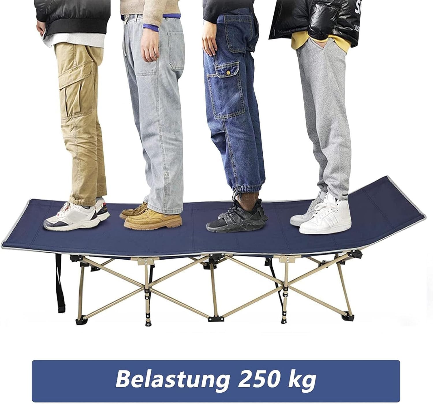 Campingbett Klappbar XL Feldbett 250kg Belastbar Faltbare Campingliege mit Seitentasche Tragbares Klappbett für Camping Outdoor Garten Strand Reise Gästebett Indoor Outdoor