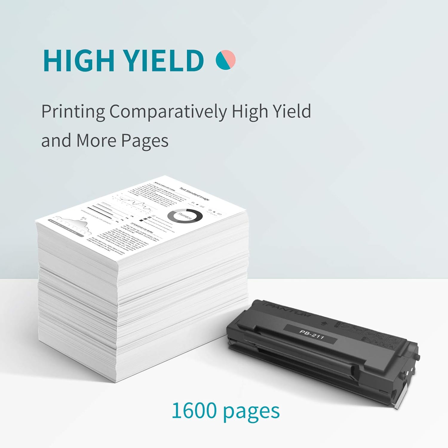 Image of a stack of paper next to a toner cartridge, indicating 1600 pages