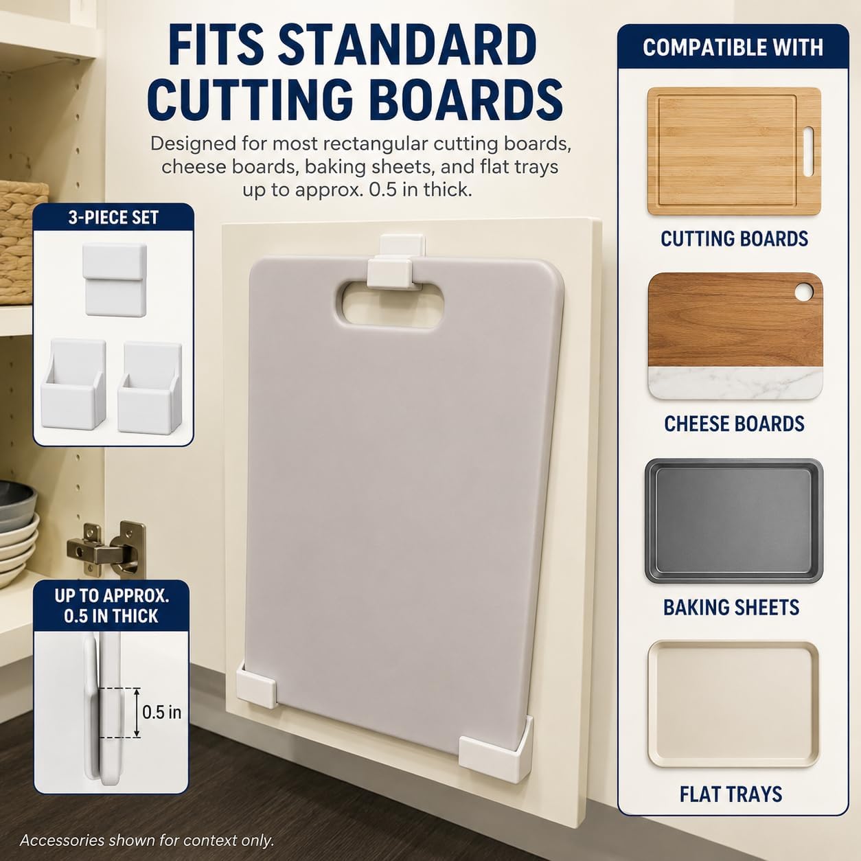 Vertical Cutting Board Holder for Cabinet Door – Over the Door Clip-On Organizer | No Drill Kitchen Storage Rack | Space-Saving Inside Cabinet Mount for Chopping Boards