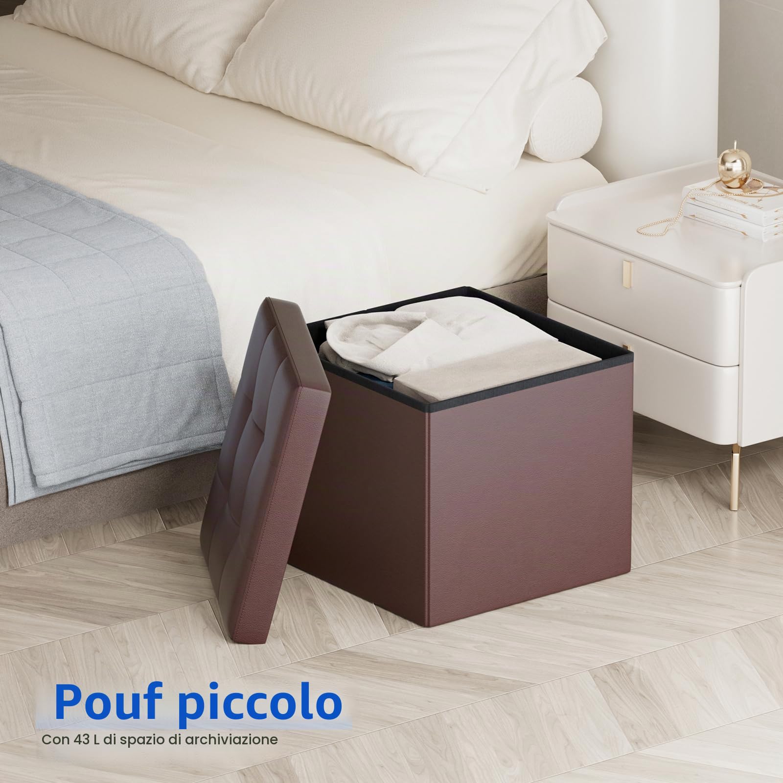 BRIAN & DANY Pouf Contenitore Pieghevole, Puff Poggiapiedi Quadrato in Cuoio Sgabello Contenitore per Divano Camera da Letto, Marrone, 38 x 38 x 38cm