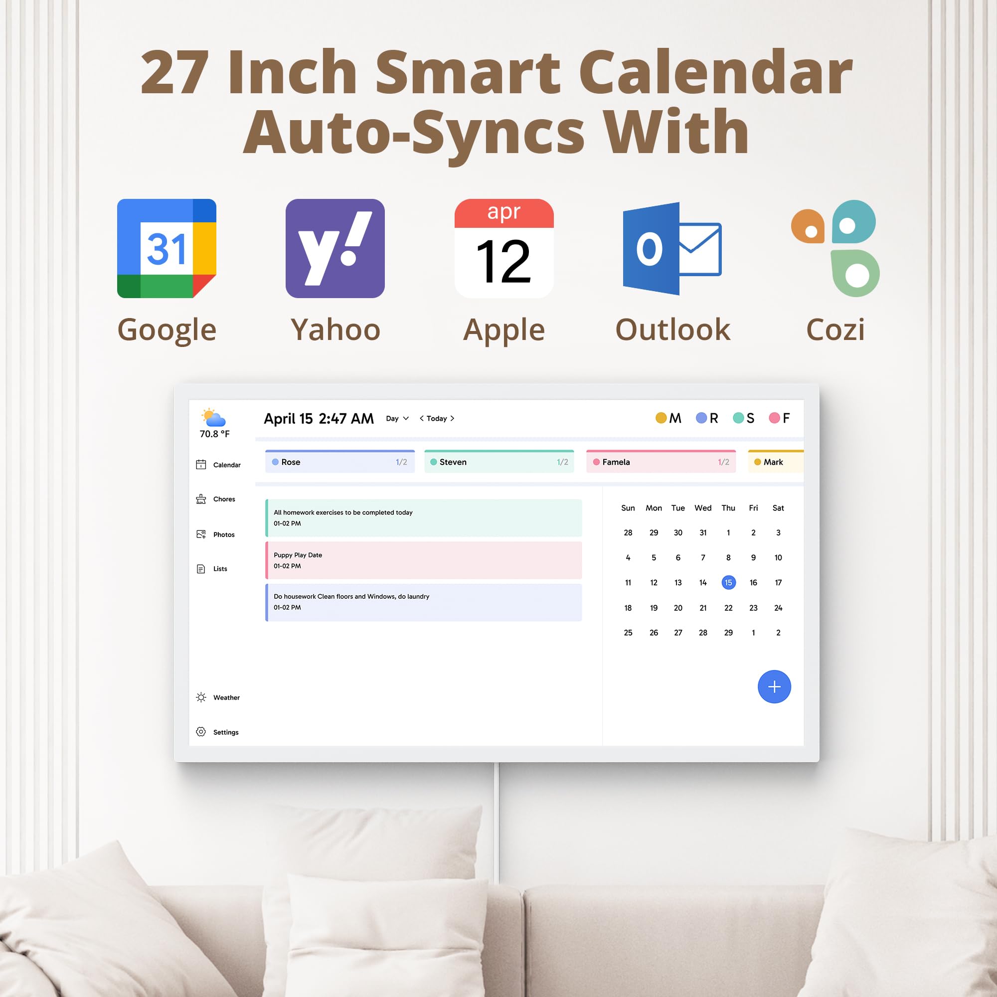 Dragon Touch Calendario digital de pared de 27 pulgadas, Planificador de calendario electrónico familiar, pantalla táctil interactiva, para tabla de tareas y organización del hogar, Blanco