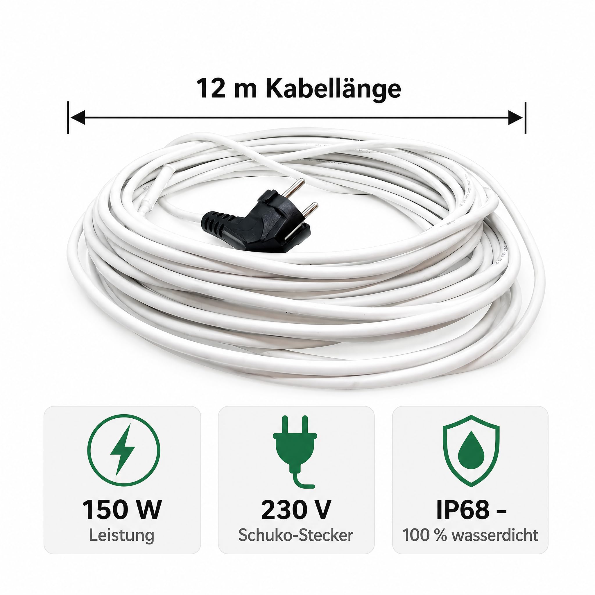 Pondlife Heizkabel 12 m, Teichheizung mit 150 W, IP68 wasserdicht, doppelte Silikon-Isolierung, Eisfreihalter für Gartenteich und Bodenwärme im Gewächshaus, Schuko-Stecker