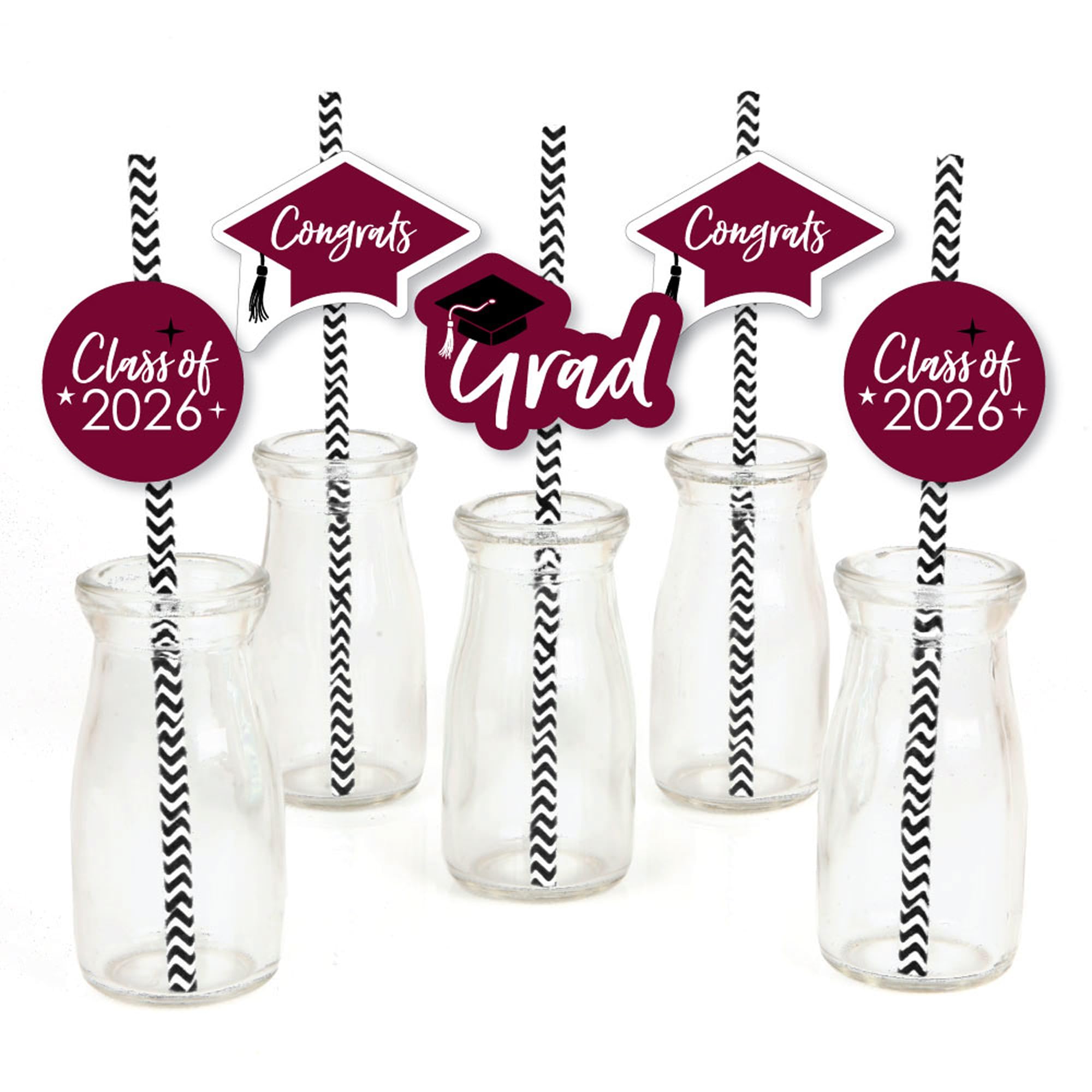 Big Dot of Happiness Maroon 2026 Graduation Paper Straw Decor - Party Striped Decorative Straws - Set of 24