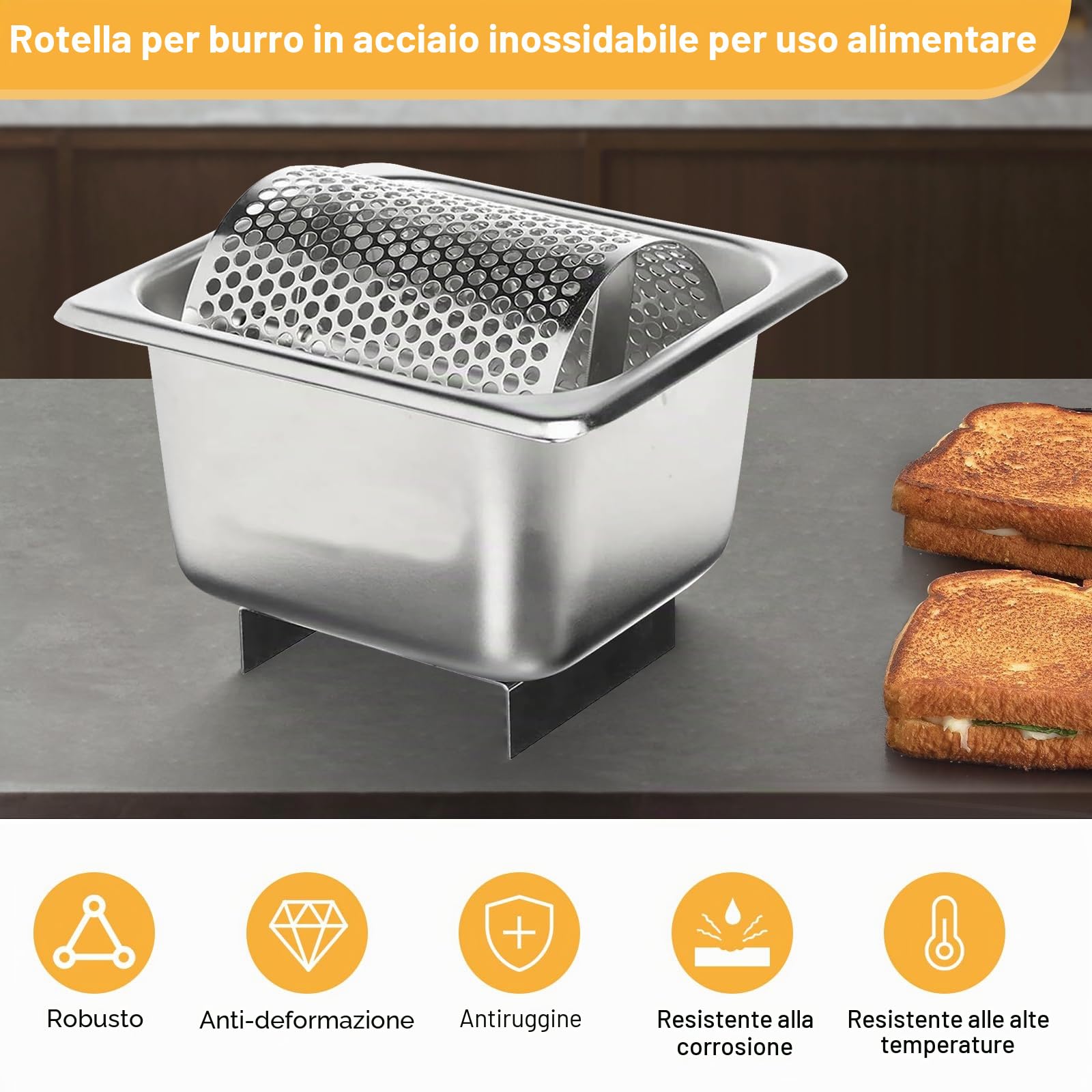 Rullo spalmaburro in acciaio inox con supporto, strumento rotante | Per spalmare il burro, dispenser a ruota efficiente e riutilizzabile per la cucina di casa