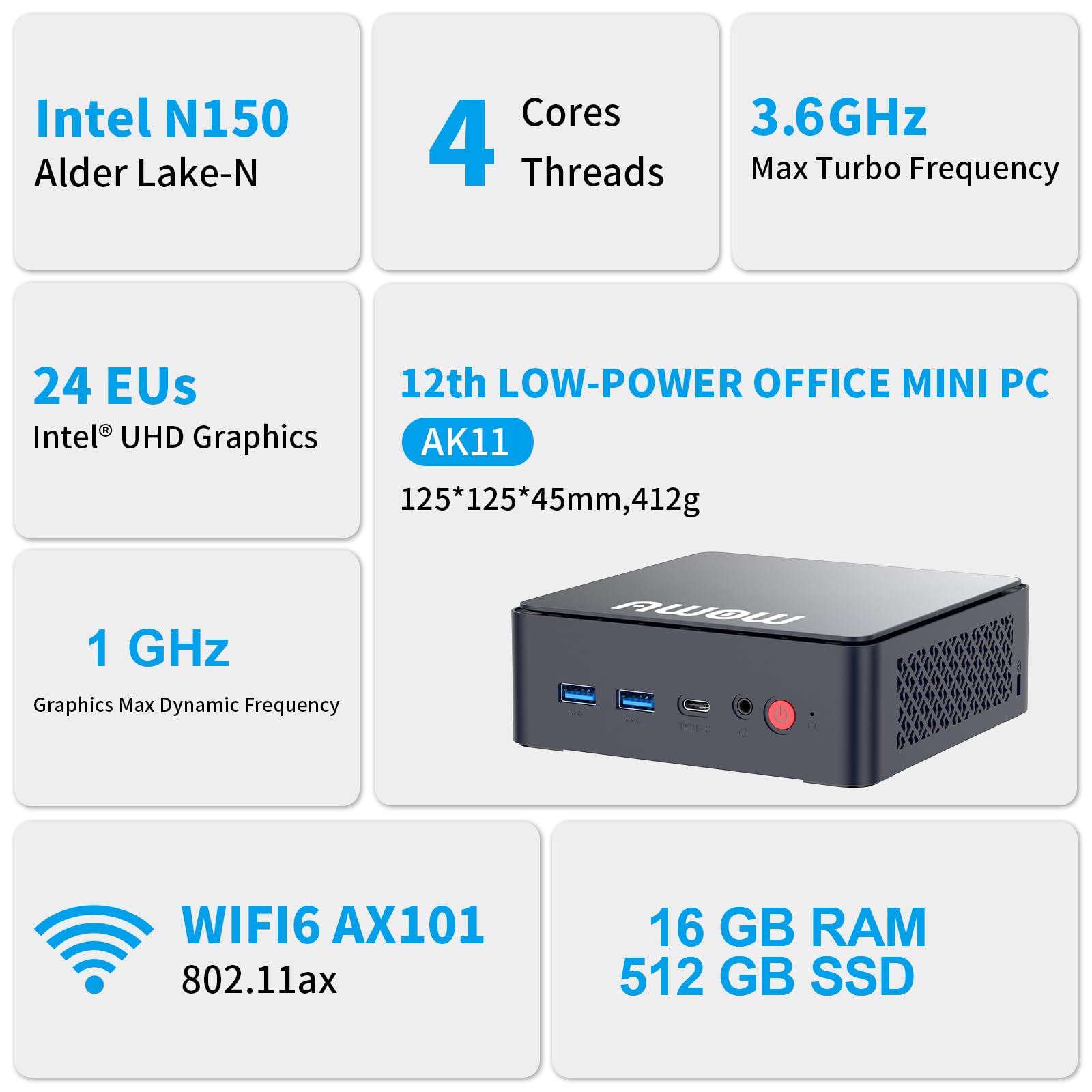 AWOW AK11 Mini PC Intel N150 (bis zu 3,6 GHz), 16GB RAM 512GB SSD, 4K Dual-Screen, Dual Gigabit Ethernet, WiFi 6, BT 5.2, Type-C, W11 Pro – Mini Desktop für Büro, Homeoffice und Schule