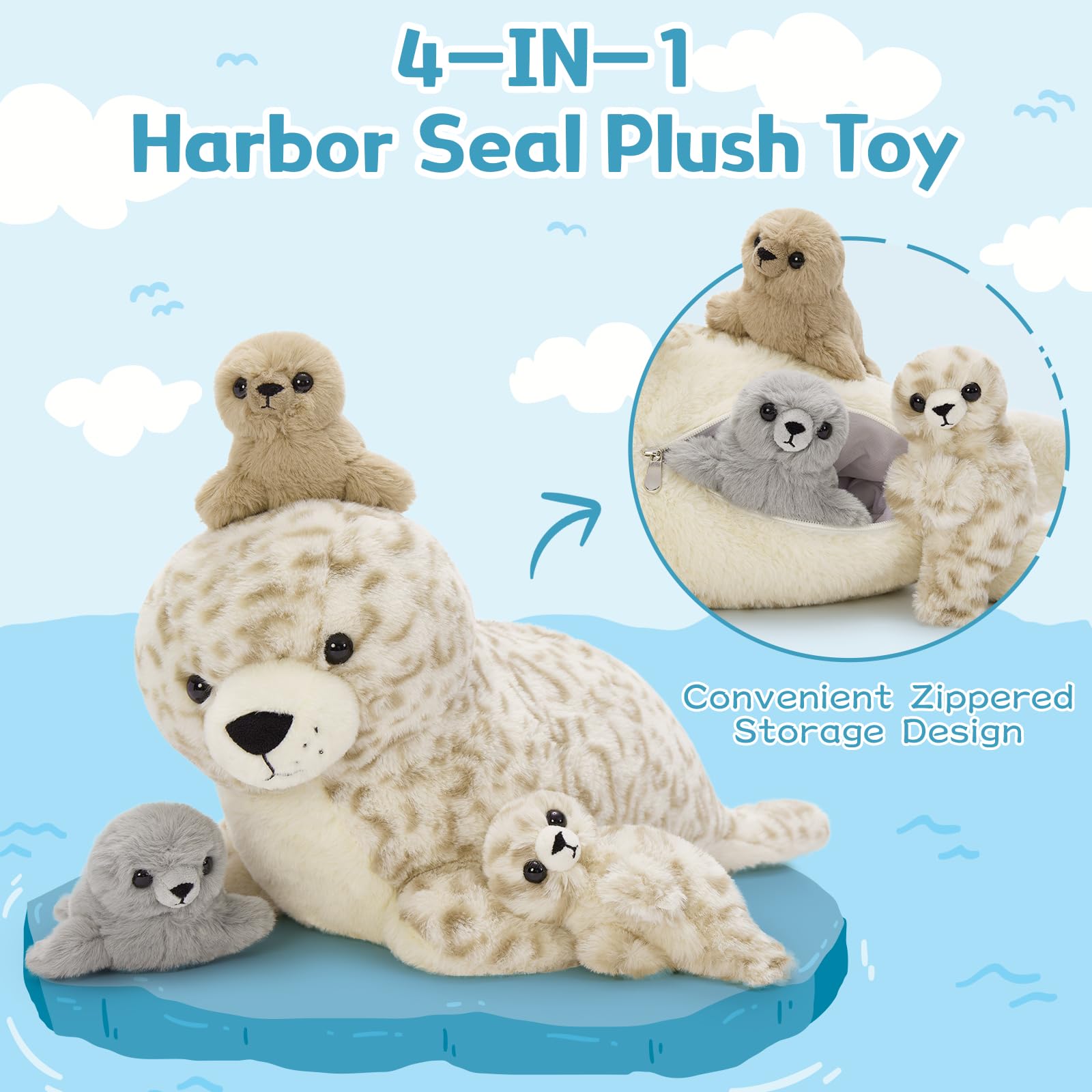 MorisMos Peluche Foca Grande, 50cm Mamá con 3 Bebés; Peluche de Foca Mullido y Suave; Regalo Gigante y Mullido para Niños, para Cumpleaños, Navidad