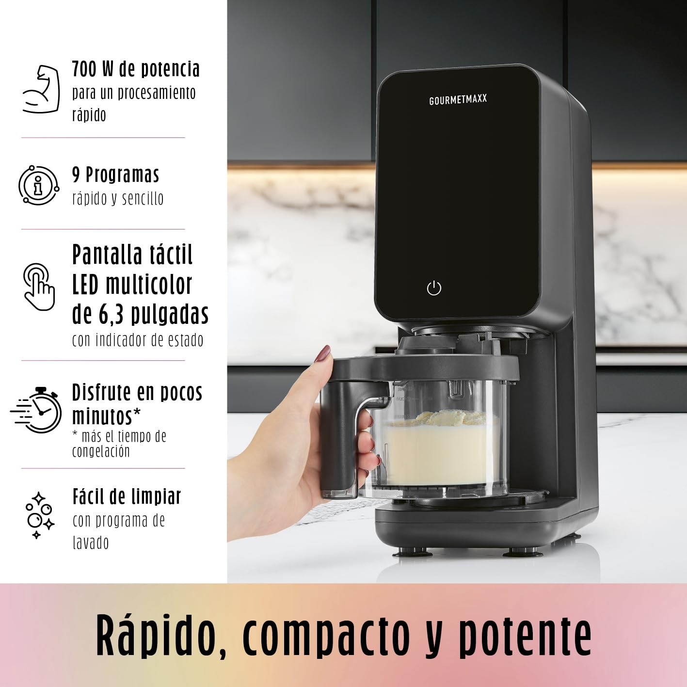 GOURMETmaxx SmoothUp Touch Heladera 700 W | Heladera 9 programas + función de mezcla | Máquina para hacer helados – granizados y helados | Máquina para hacer helados | Pantalla LED 2 vasos incluidos