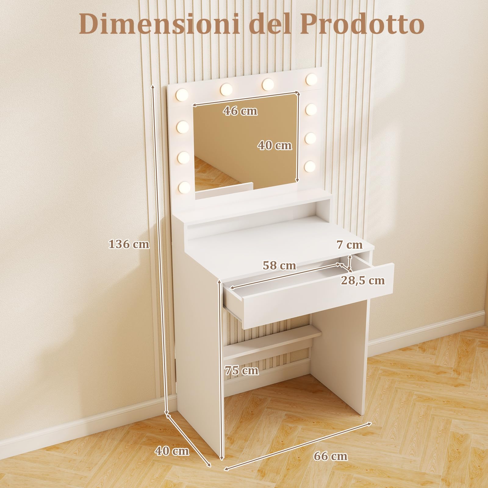 RELAX4LIFE Toeletta da Trucco con Luci LED a 3 Colori, Tavolo da Trucco con Stazione di Ricarica e Cassetto, Postazione Trucco per Camera da Letto, 66 x 40 x 136 cm, Bianco