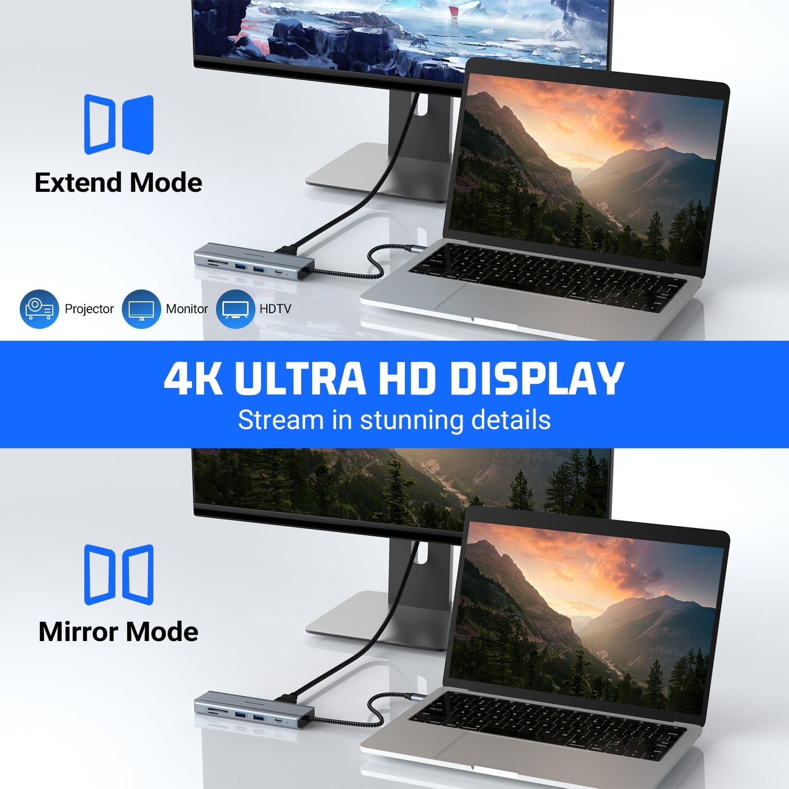 USB C Hub 10 Puertos USB C Dockingstation, Dual Monitor Laptop USB C Adapter (Gigabit Ethernet, 4K HDMI, USB 3.0, PD 100W, 3,5 mm Mic, Lector SD/TF) para MacBook Pro/Air, HP, Lenovo, DELL