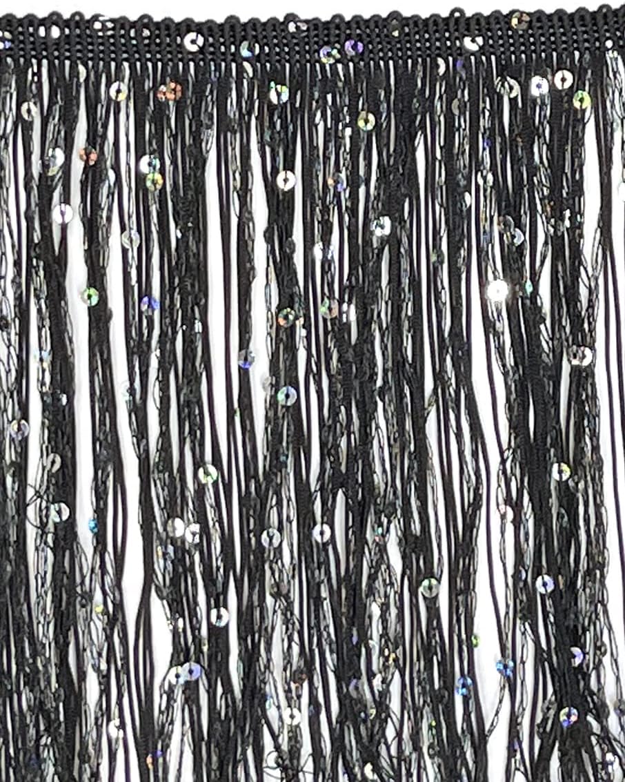 5 Yards of 4" Long Starlight Silver Rainbow Sequin Chainette Fringe Yarn Thread Tassel Trim-Black
