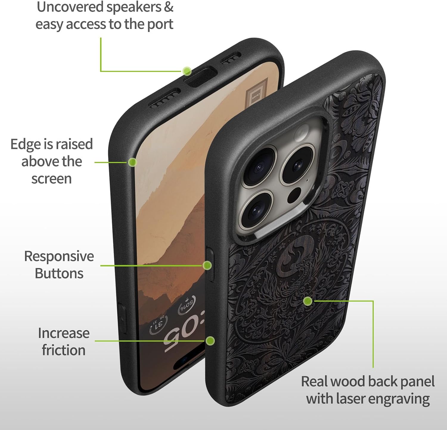 Carveit Magnetic Wooden Case for iPhone 15 Pro Max Case, Compatible with MagSafe Wireless Chargers, Black Soft TPU Shockproof Cover & Wood Artisan Engraved (Phoenix Mandala) - Blackwood
