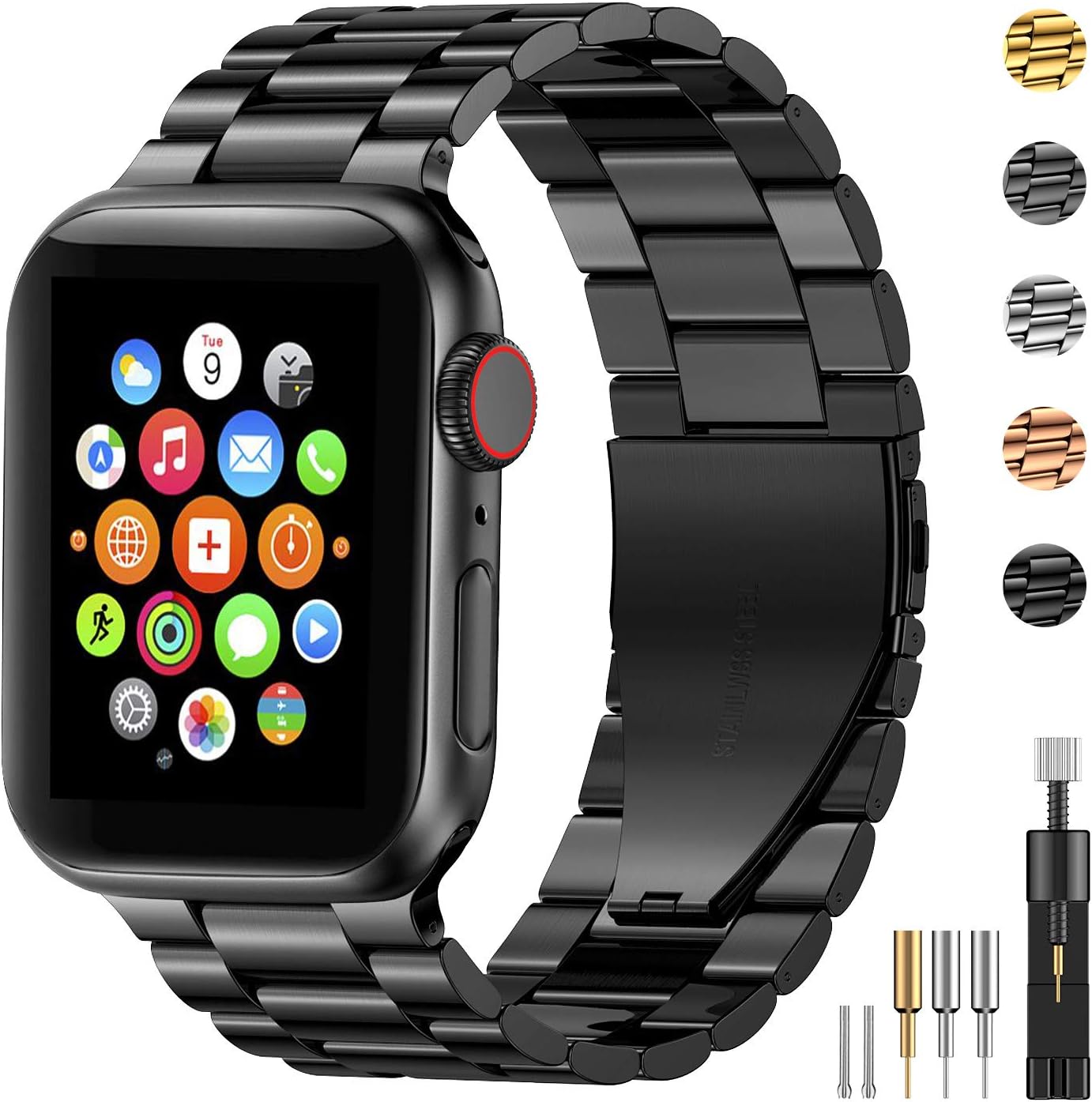 FitlinkStainless Steel Metal Band for Apple Watch 38/40/42/44mm Strap Replacement Link Bracelet Band Compatible with Apple Watch Series 6/54/3/2/1/SE