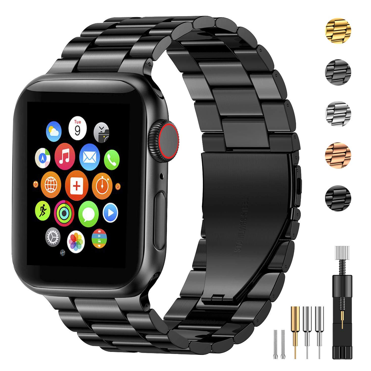 FitlinkStainless Steel Metal Band for Apple Watch 38/40/42/44mm Strap Replacement Link Bracelet Band Compatible with Apple Watch Series 6/54/3/2/1/SE