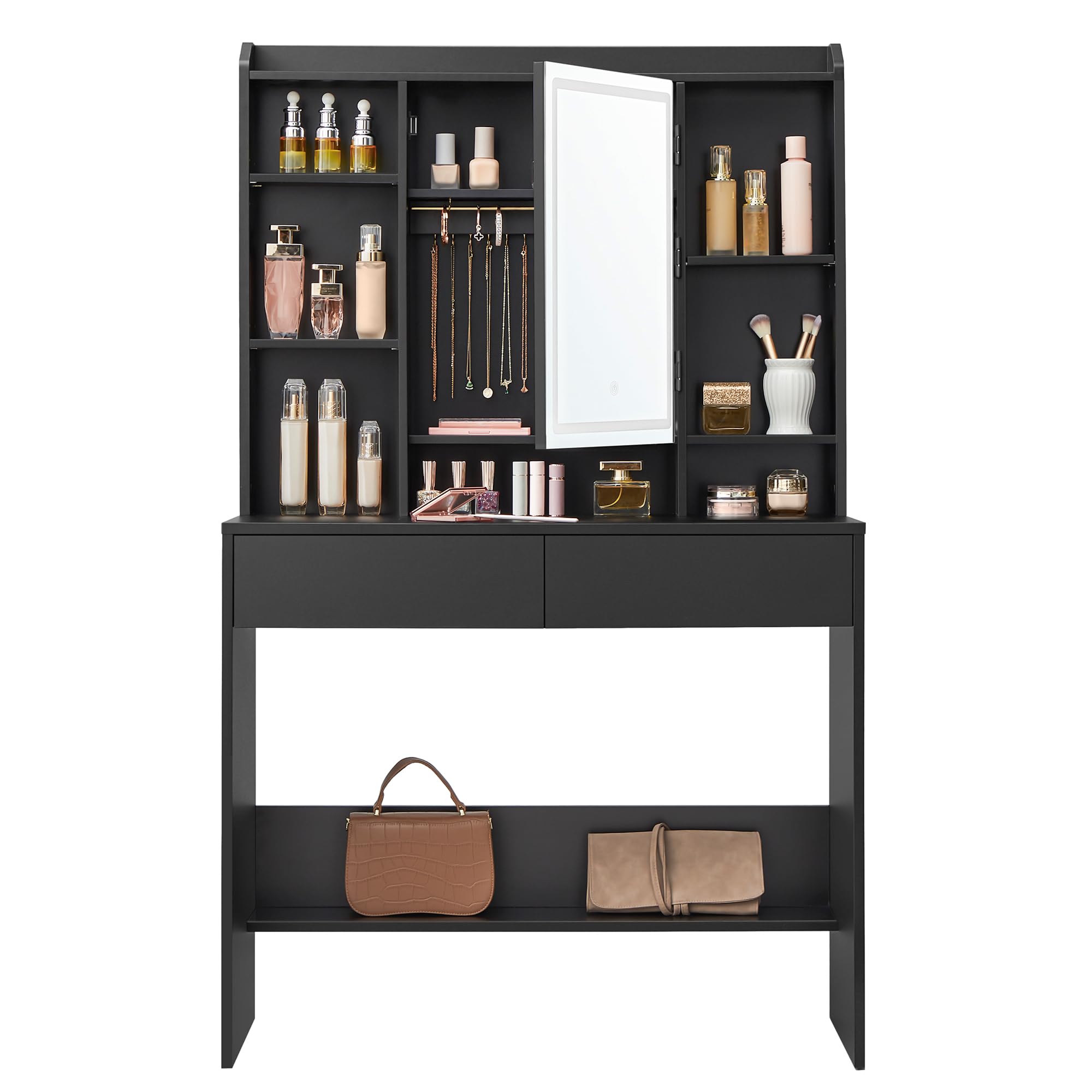 VASAGLE KAILYN Collezione - Toeletta con Luci LED 3 Colorazioni con Luminosità Regolabile, Tavolo da Trucco con Specchio, Ripiani Regolabili, 2 Cassetti, Postazione Trucco, Nero Inchiostro RDT123B01