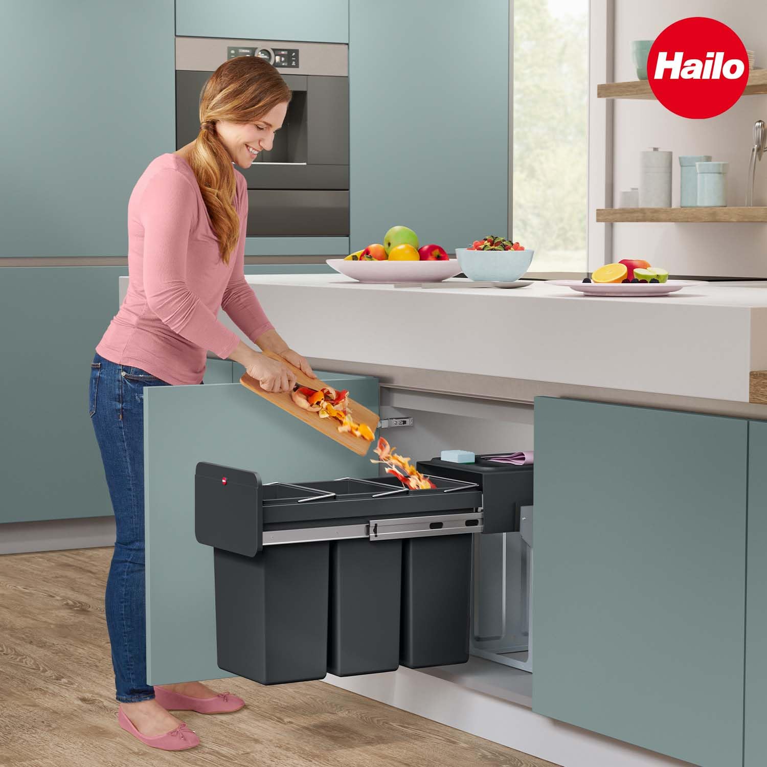 Hailo EcoLine Design Trio L Einbau-Mülltrennungs-System 3x10 Liter - Trio-Mülleimer mit Vollauszug - Stahlblech - schwarz - ab 30 cm Schrankbreite