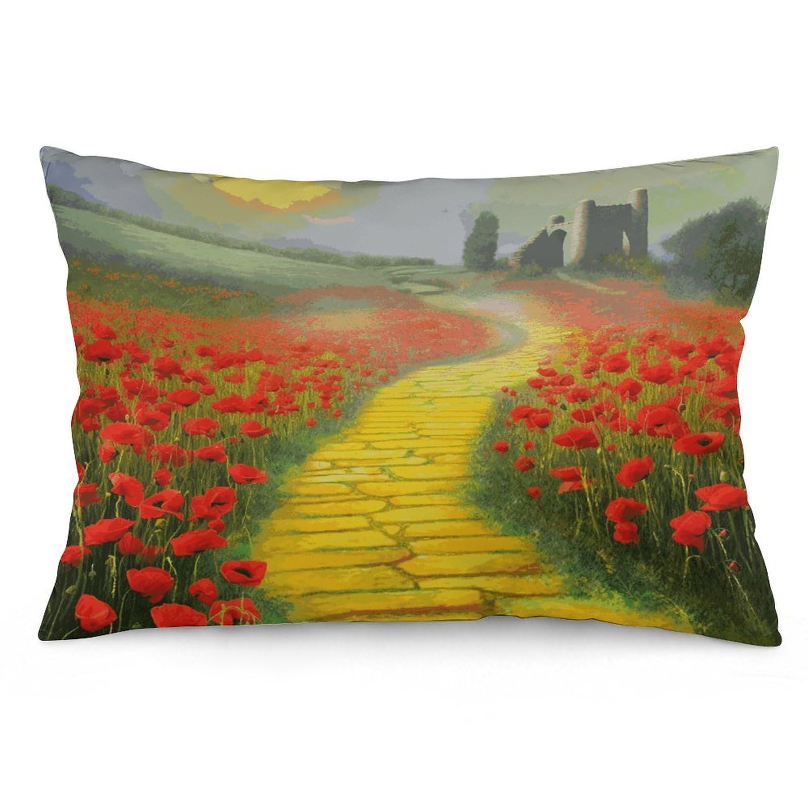 Poppies Field Yellow Brick Road Throw Pillow Cover Soft Lumbar Pillow Covers with Zipper Breathable Rectangular Cushion Case Polyester Pillow Case Decorative Body Pillow Cover for Couch Bed