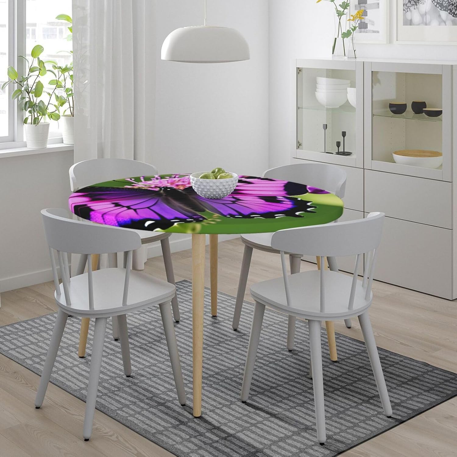 Purple Butterfly Print Outdoor Patio Kitchen Decor Supplies Wipeable Round Table Cloth for Indoor Outdoor
