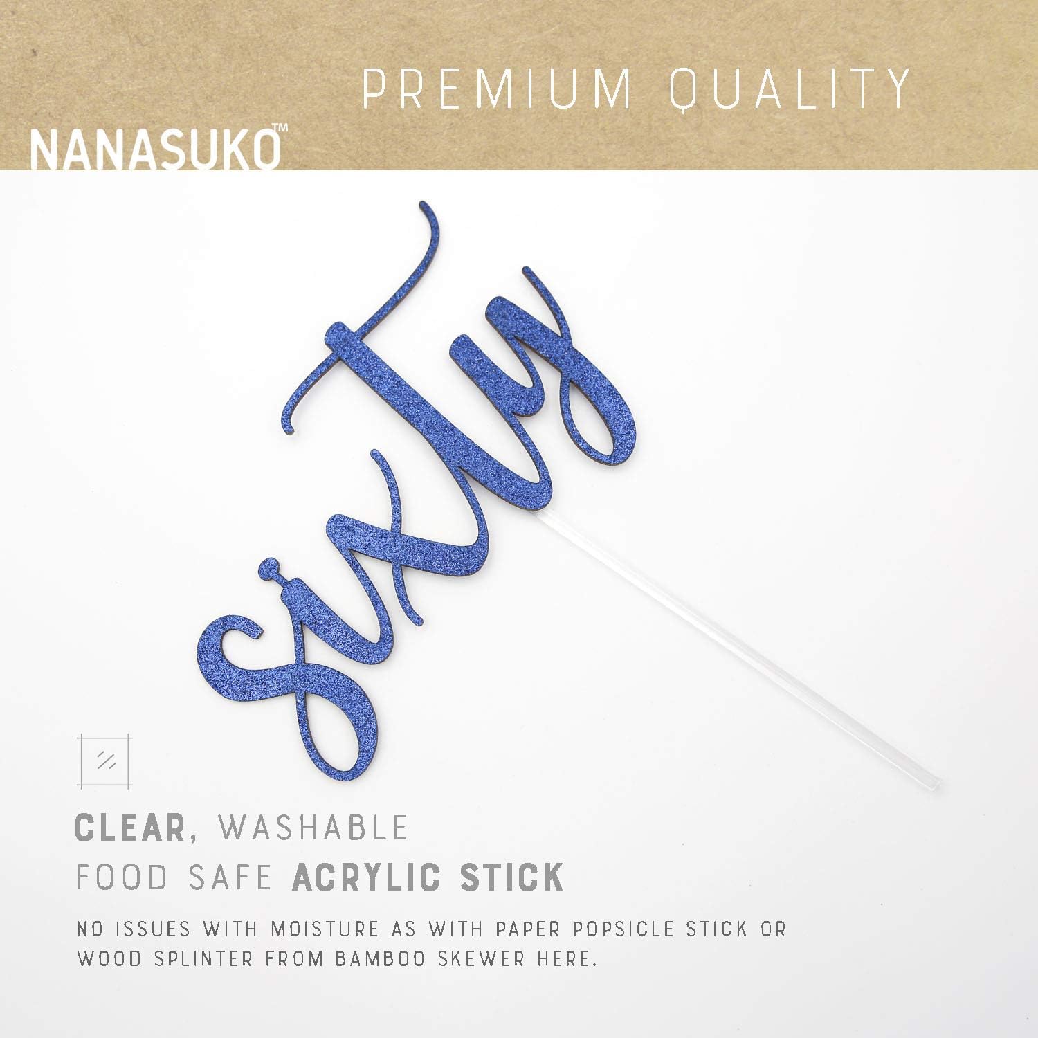 60th Birthday Cake Topper - sixty - Double Sided Navy Blue glitter - Premium quality Made in USA