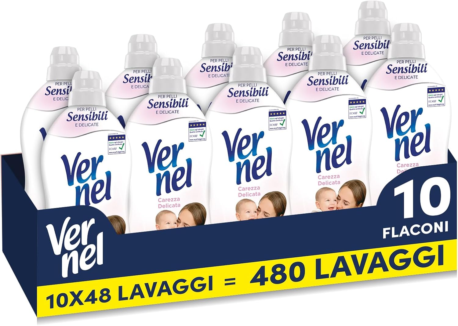 Ammorbidente Concentrato Vernel Carezza Delicata (10 x 48 lavaggi), Ammorbidente Concentrato per Tutti i Tessuti, con Fragranza Ipoallergenica, Approvato Dermatologicamente per Pelli Sensibili