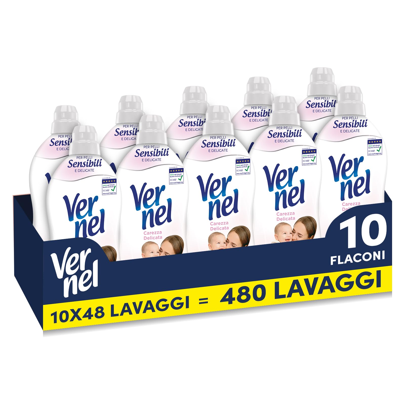 Ammorbidente Concentrato Vernel Carezza Delicata (10 x 48 lavaggi), Ammorbidente Concentrato per Tutti i Tessuti, con Fragranza Ipoallergenica, Approvato Dermatologicamente per Pelli Sensibili