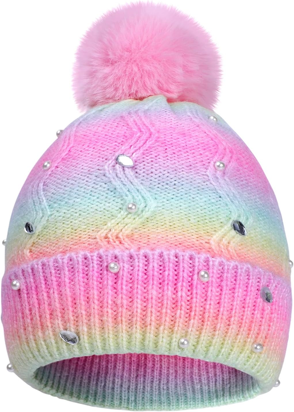 Kids Winter Knit Hat with Pompom - Sparkly Sequin & Pearl Rhinestone Beanie, Warm Ski Cap for Boys & Girls Ages 3-14