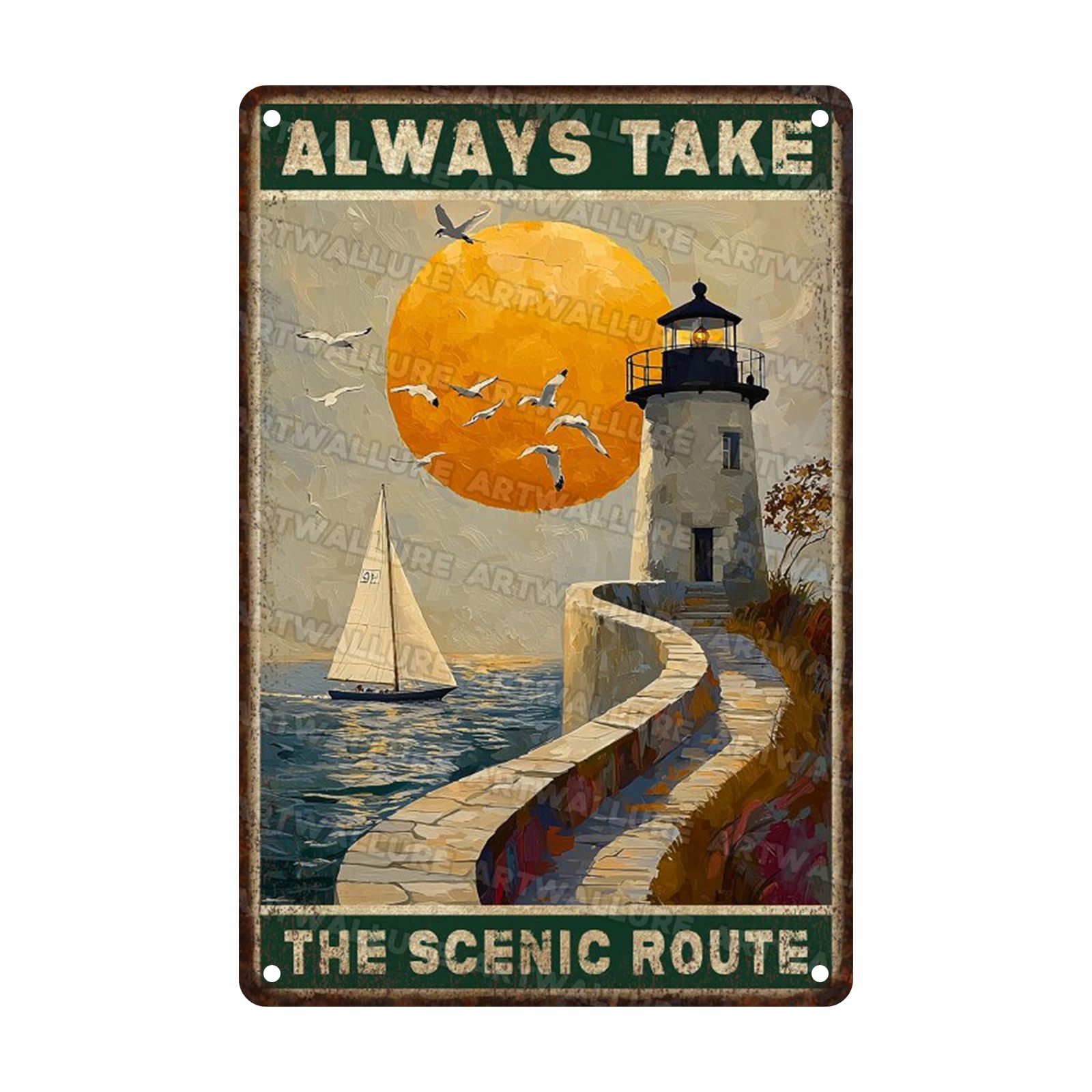 Metal Tin Sign lighthouse Vintage Sign Always Take The Scenic Wall Art for Home Office Man Cave Shed 8x12inch