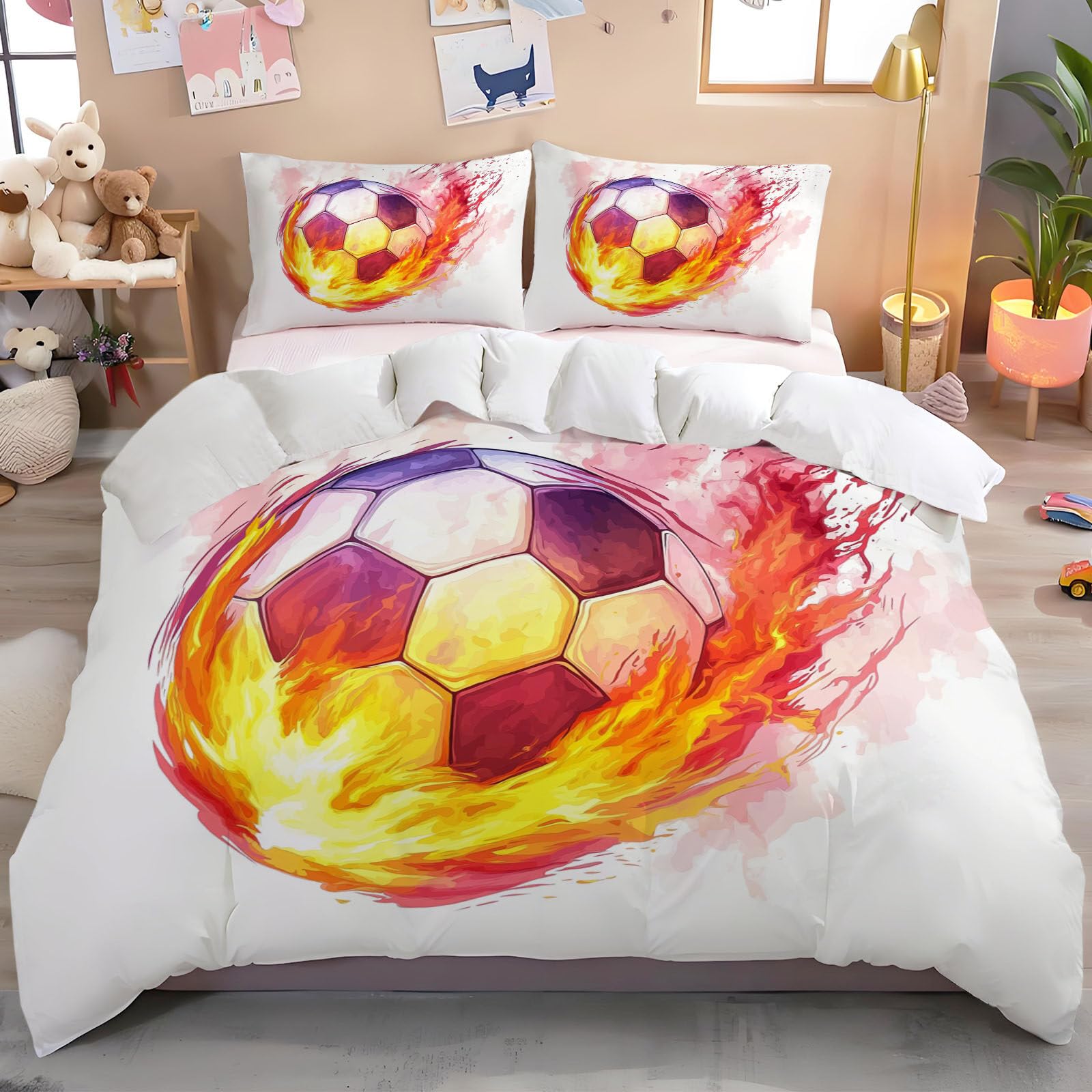 Housse de couette 3D soccer jaune et sa parure de lit ado 3 pièces 200x200cm