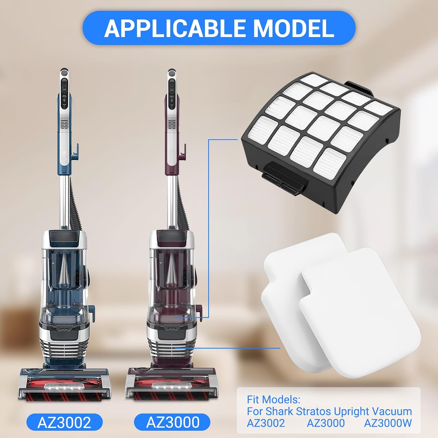 AZ3002 Replacement Filters for Shark AZ3002 AZ3000 AZ3000W for Stratos DuoClean PowerFins Vacuum Stratos Upright Vacuum, 2 HEPA 4 Foam & Felt Filters 1 Cleaning Brush