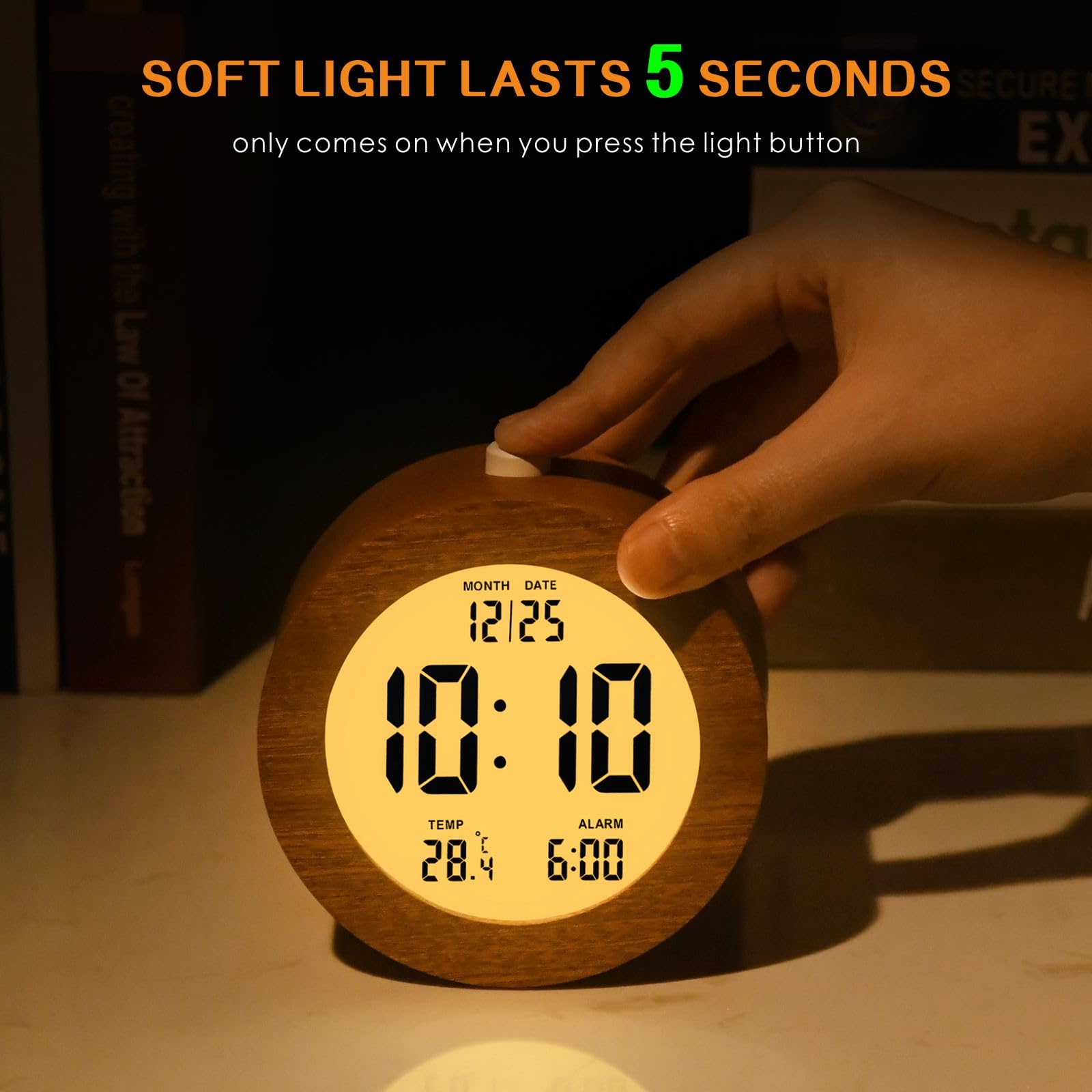 Plumeet Reloj despertador digital de madera para dormitorios, reloj despertador de madera de 4 pulgadas con repetición y luz nocturna, reloj electrónico LCD de escritorio que muestra la hora, fecha,