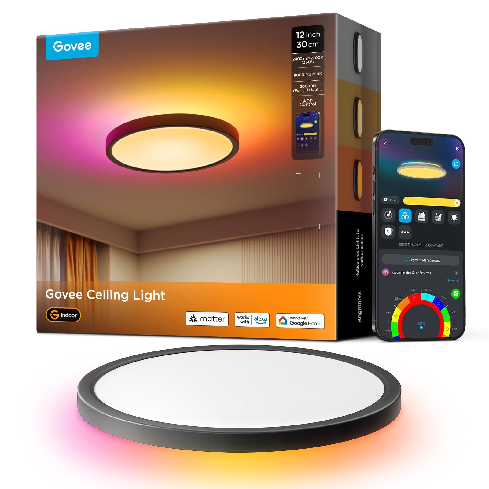 Govee Lampa sufitowa RGBIC 24 W, inteligentna lampa sufitowa LED, Ø 30 cm, kompatybilna z Matter, Alexa i Google Assistant, lampa sufitowa LED, ściemniana, z 16 milionami kolorów DIY, do sypialni