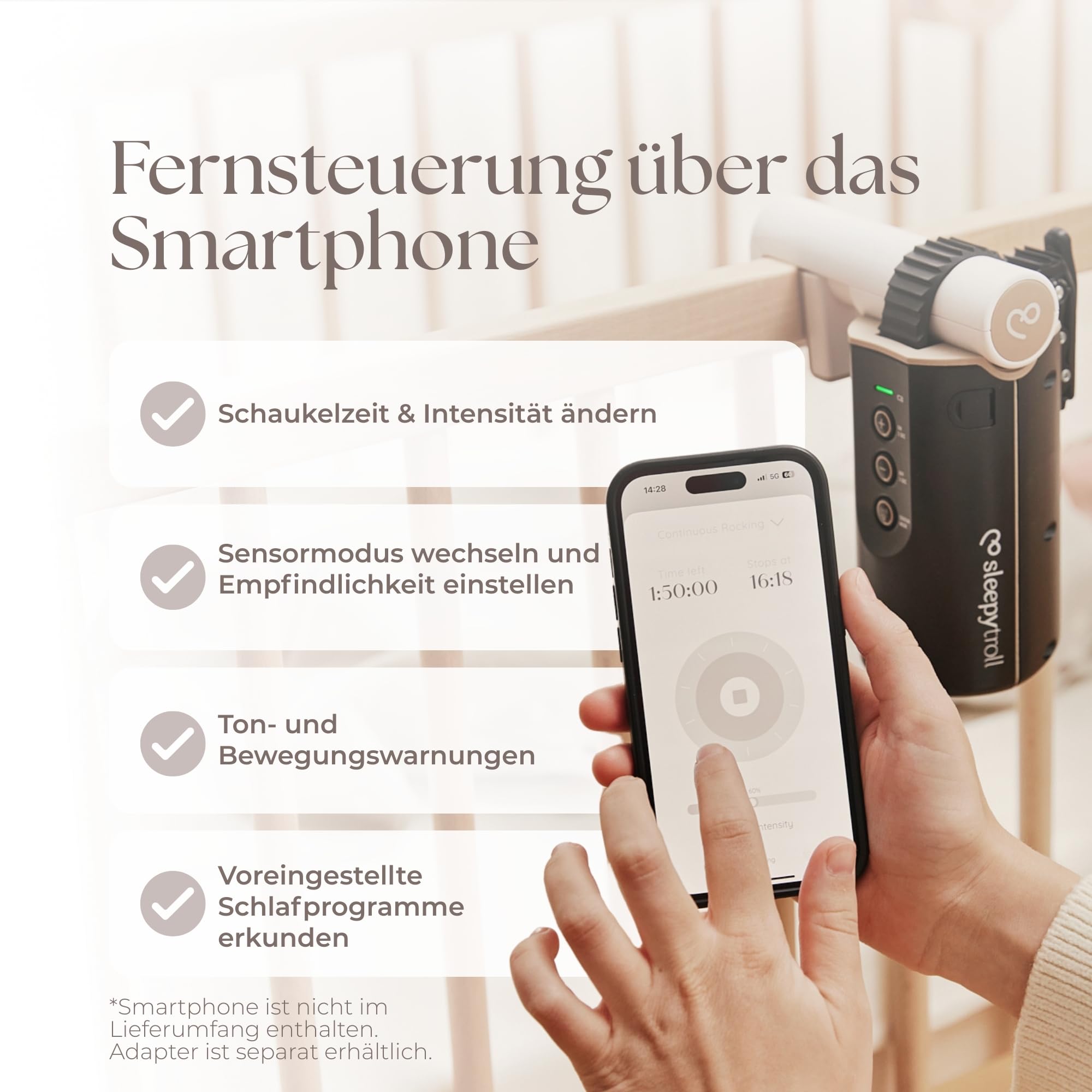 Sleepytroll Baby Rocker Gen 2 – Intelligente Einschlafhilfe mit App-Steuerung, 12h Akku, 3h automatisches Schaukeln, Bewegungs- und Soundsensor, CE/FCC-zertifiziert, IPX4, skandinavisches Design