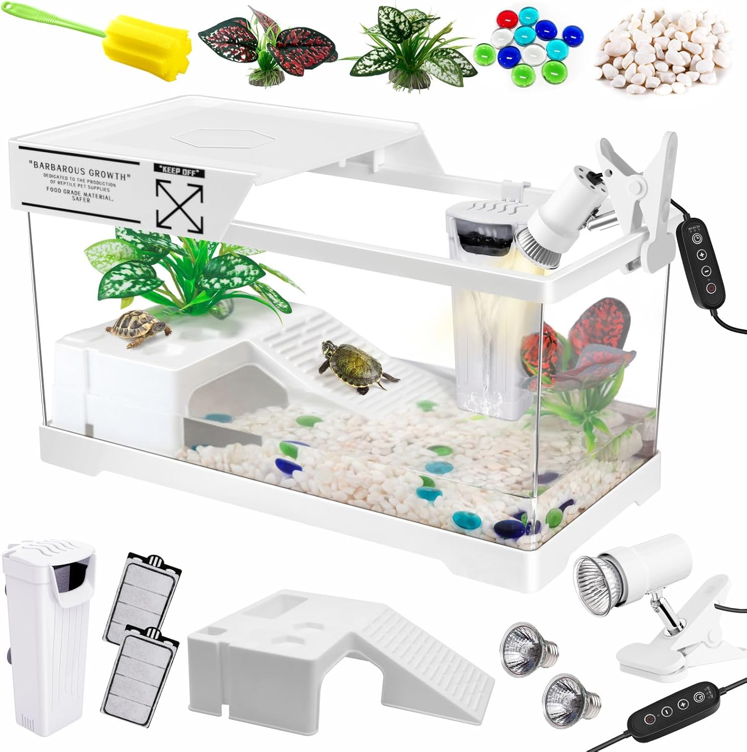 GOZILLA Turtle Tank Kit+Lamp+Filter, Upgrade PC Turtle Tank Starter Kit with Adjustable Lamp & Filter,Reptile Habitat with Lid,Basking Platform for Small Reptiles(19.68× 9.52× 9.44''/White-Large-Kit)