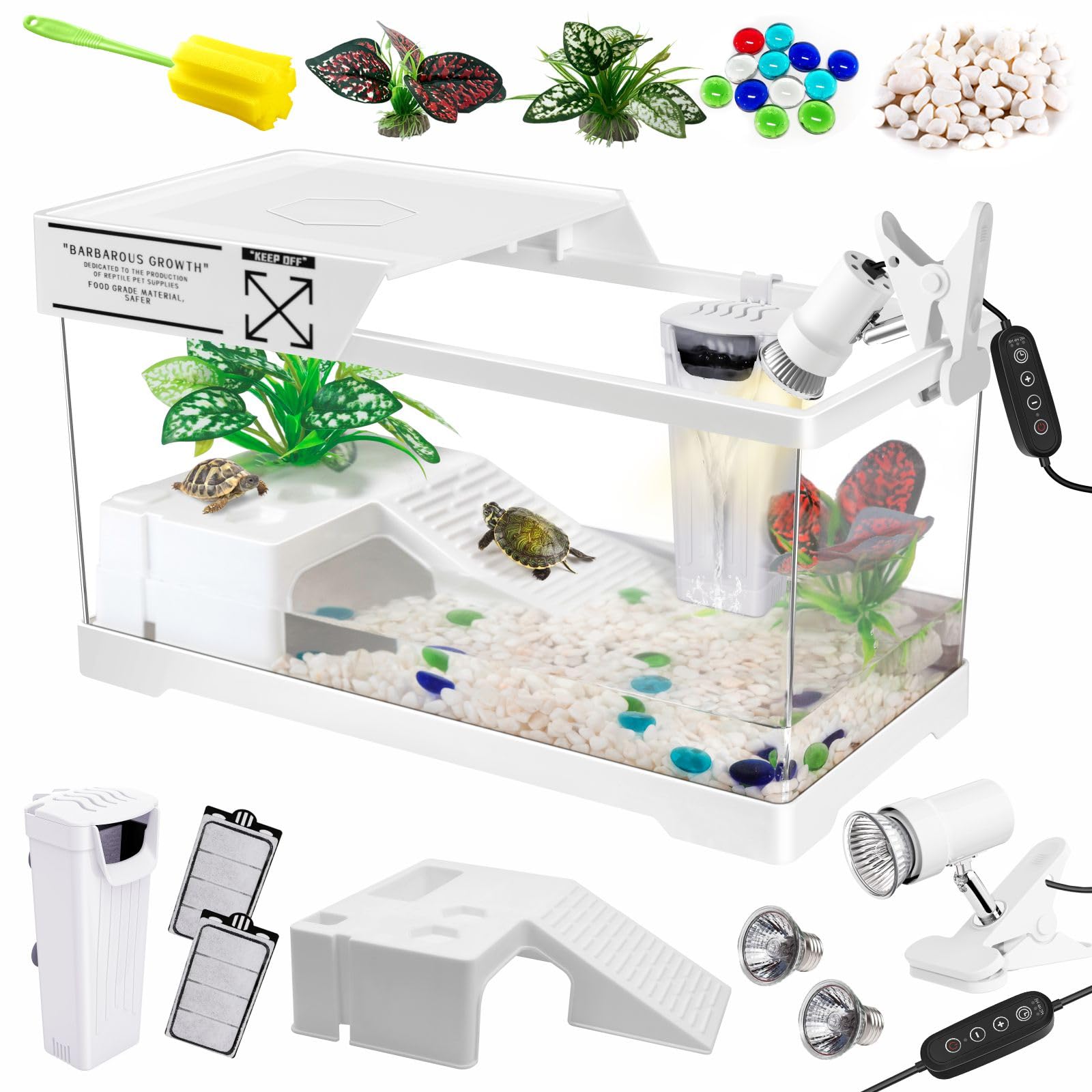 GOZILLA Turtle Tank Kit(Tank+Lamp+Filter), Upgrade PC Turtle Tank Starter Kit with Adjustable Lamp & Filter,Reptile Habitat with Lid,Basking Platform for Small Reptiles.(19.68× 9.52× 9.44''/White Kit)