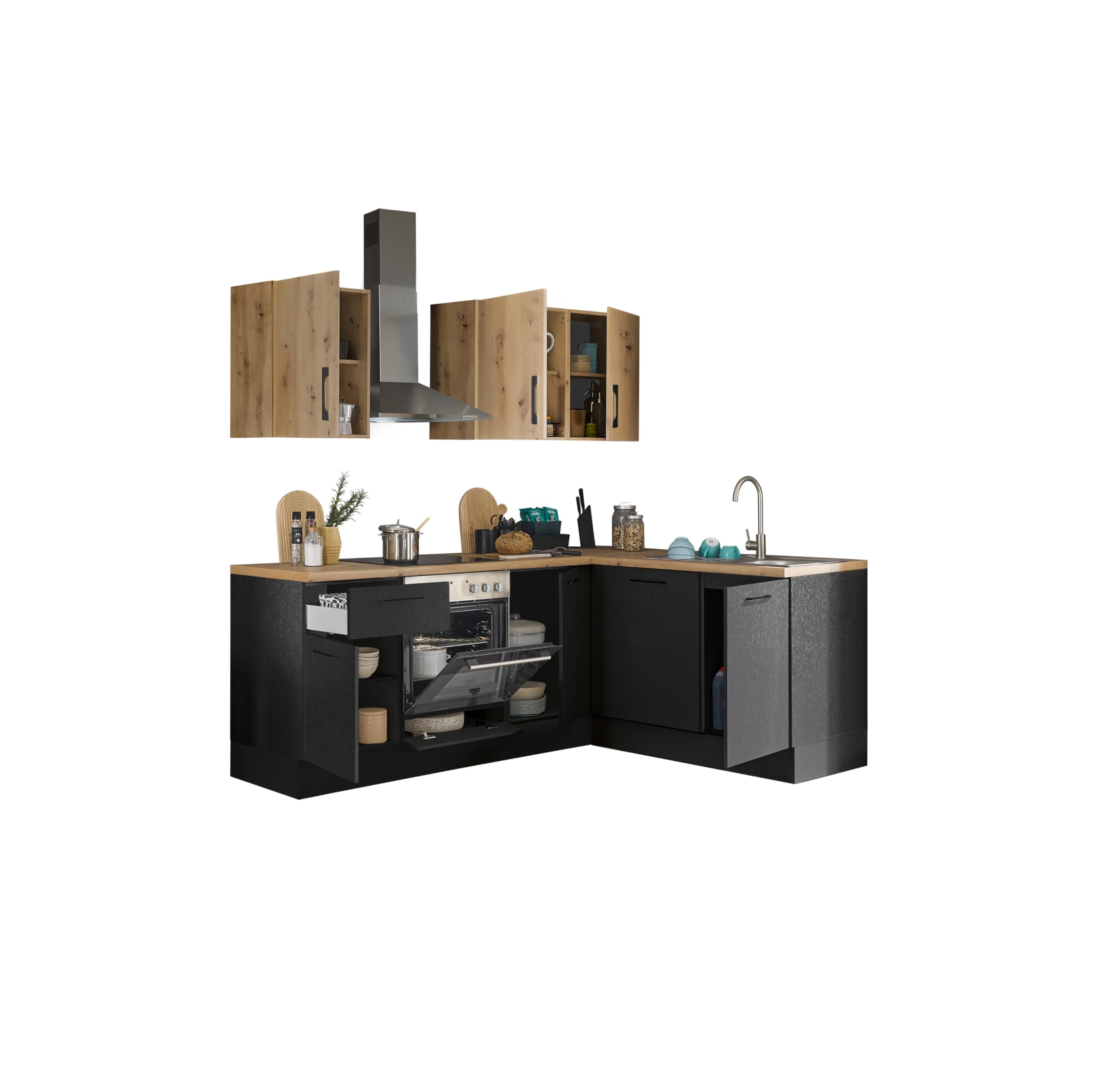 Turin L Eckküche 220 x 211 x 60 cm, schwarz - Basic Küchengeräte - Moderne, geräumige Küche in Artisan-Eiche Optik mit viel Stauraum