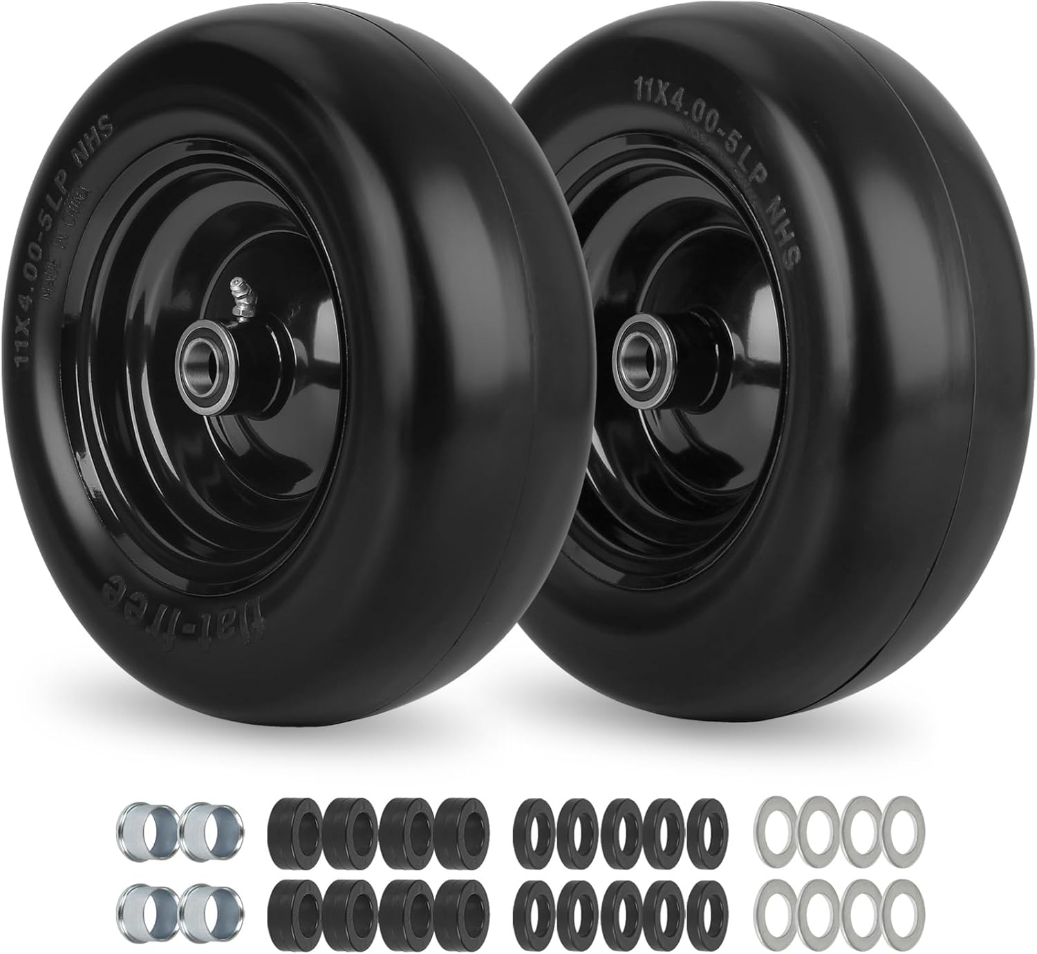 11x4.00-5” Flat Free Lawn Mower Tire and Wheel with Bearing Bore 3/4" or 5/8", 3.4"-4"-4.5"-5" Centered Hub, Smooth Tread Tire for Zero Turn Mowers, 2 Pack 11x4.00-5 Flat Free (Smooth Tread)