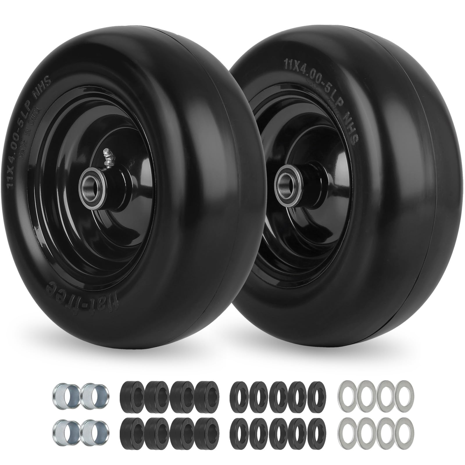 11x4.00-5” flat free lawn mower tire and wheel with bearing bore 3/4" or 5/8", 3.4"-4"-4.5"-5" centered hub, smooth tread tire for zero turn mowers, 2 pack